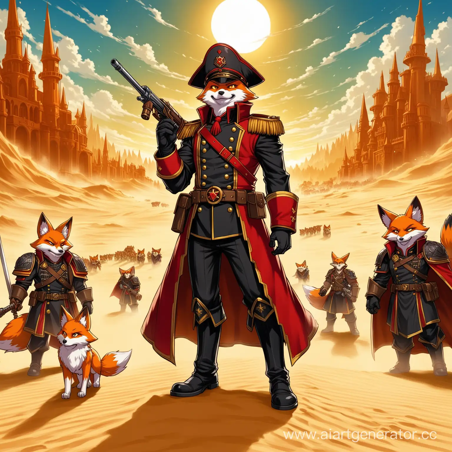 warhammer commissar outfit and hat, vulpera warcraft, fox, sand fur, anime, orange eyes, The war in the background