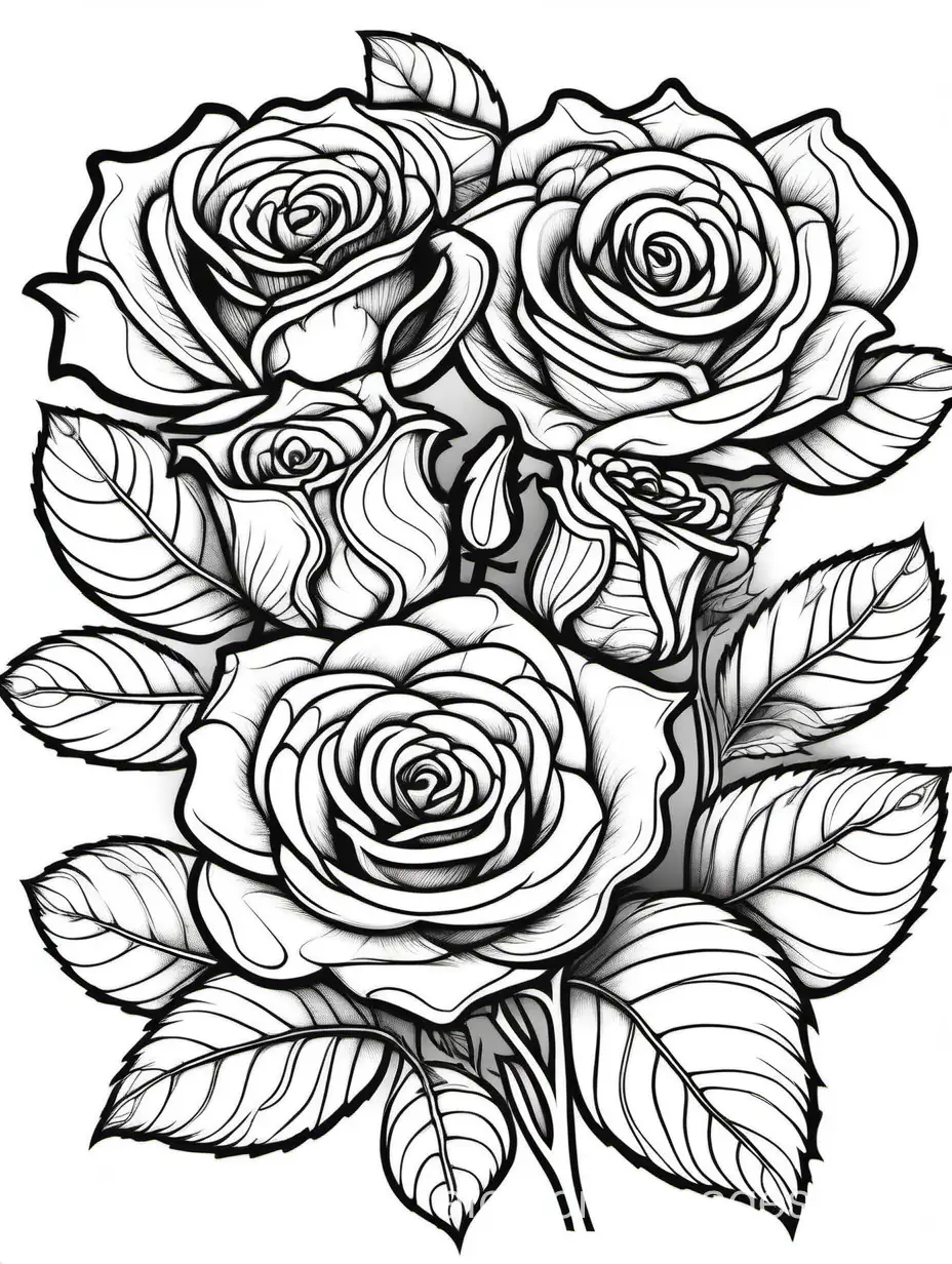 coloring page, Gothic Roses: romantic rose motifs, line art, illustration, single line art, clean lines,, Coloring Page, black and white, line art, white background, Simplicity, Ample White Space. The background of the coloring page is plain white to make it easy for young children to color within the lines. The outlines of all the subjects are easy to distinguish, making it simple for kids to color without too much difficulty
