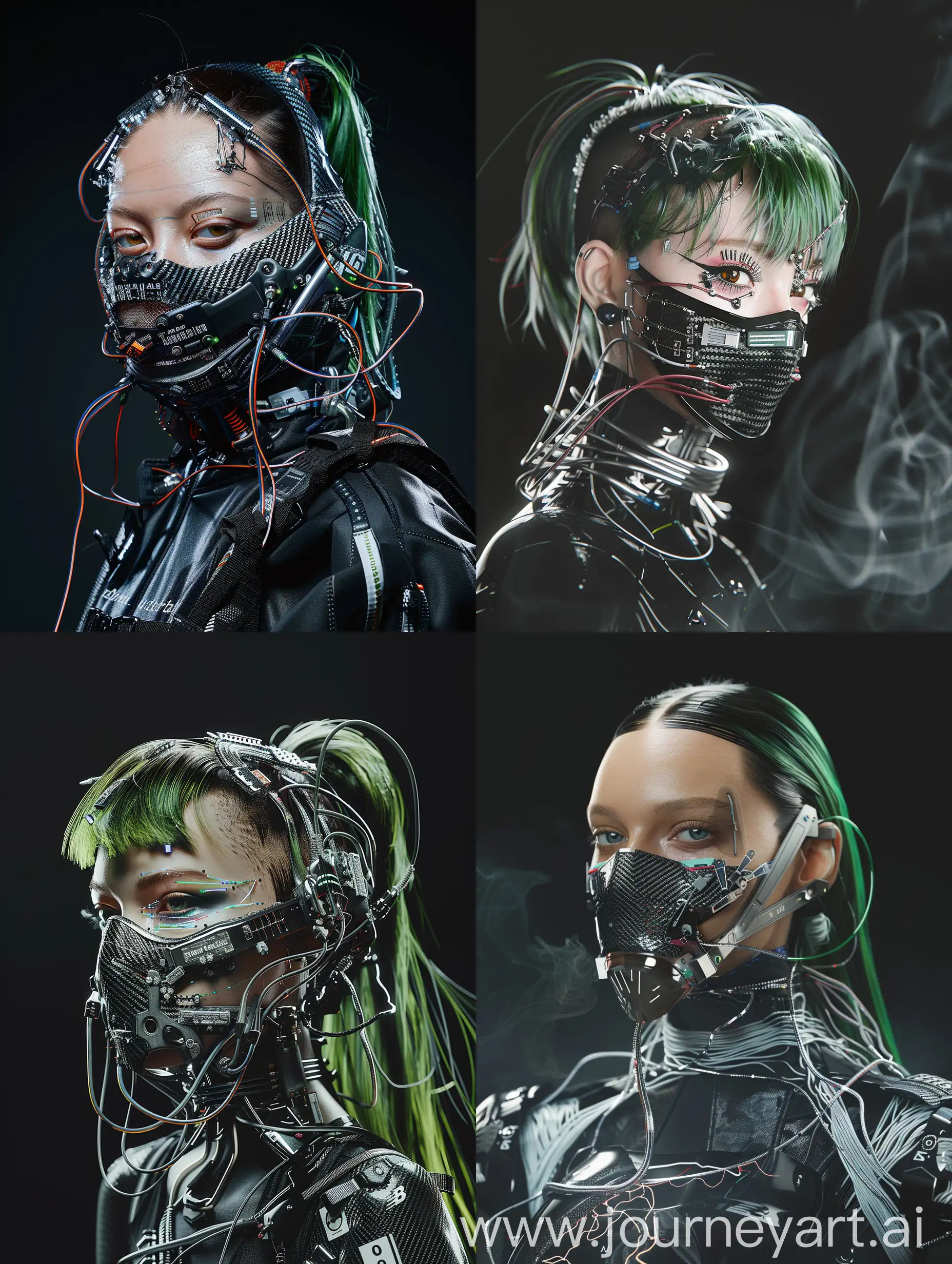 Against a sleek black backdrop, witness the captivating presence of a Beautiful characther, Green hair adorned with a cybernetic mouth-covering mask. It seamlessly merges cutting-edge technology with intricate details, showcasing carbon fiber textures, sleek aluminum accents, and pulsating wires. Symbolizing the delicate equilibrium between humanity and machine, her appearance embodies the essence of a futuristic cyberpunk aesthetic, further accentuated by New Balance-inspired add-ons. With dynamic movements reminiscent of action-packed film sequences, accompanied by cinematic haze and an electric energy, she exudes an irresistible allure that commands attention