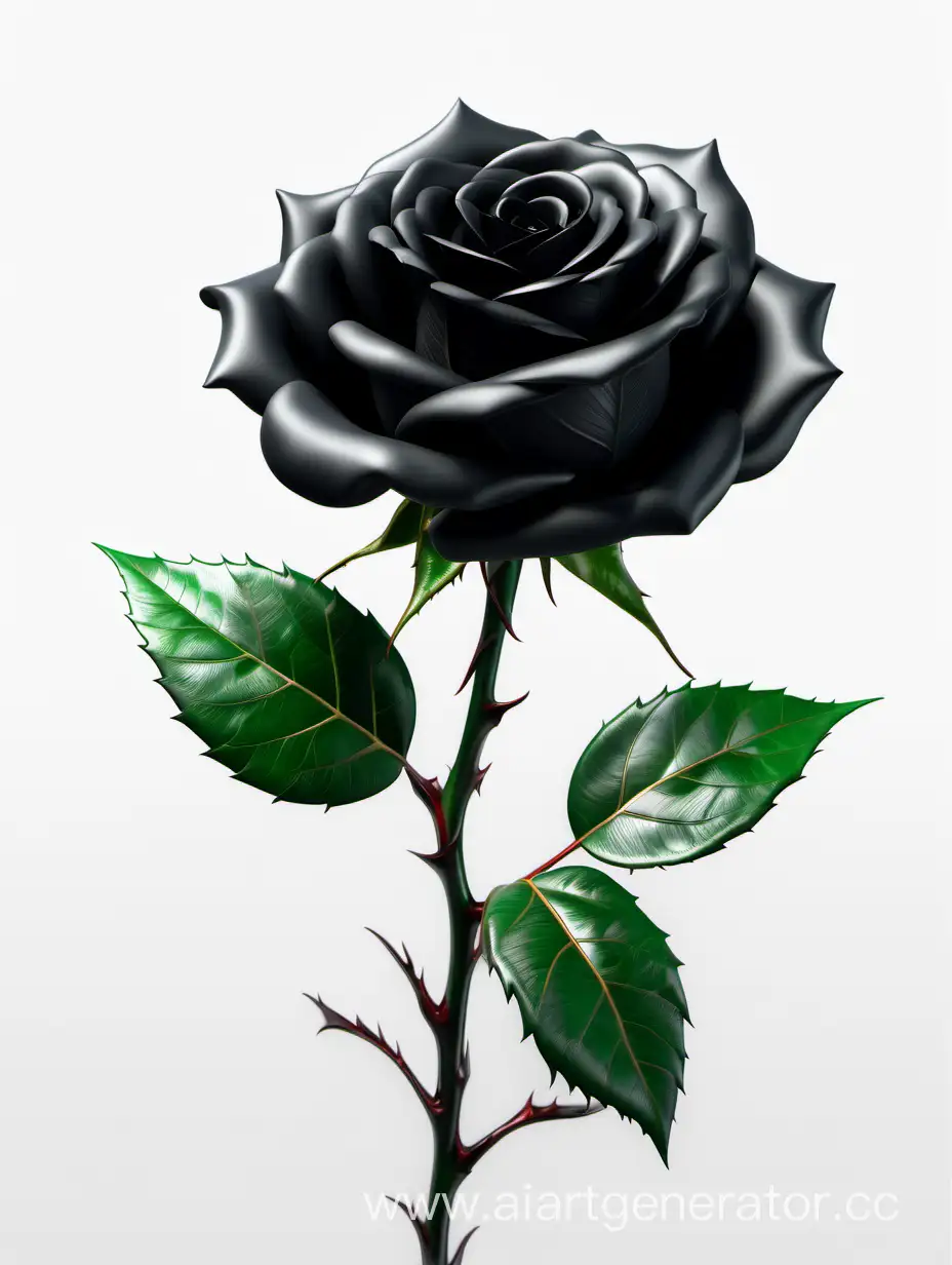 realistic dark black Rose 8k hd with fresh lush 2 green leaves on white background