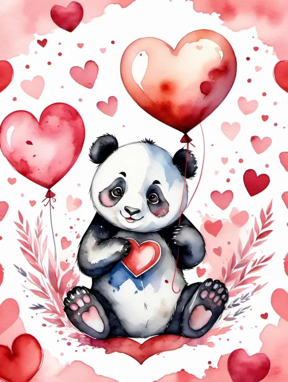 Generate an adorable watercolor-stylized image featuring a panda in a Valentine's Day theme. Infuse the artwork with charming details such as the panda holding a heart-shaped balloon or surrounded by whimsical Valentine's Day elements. Employ a soft and romantic color palette, capturing the sweet and endearing nature of both pandas and the holiday, creating a visually appealing and heartfelt composition.