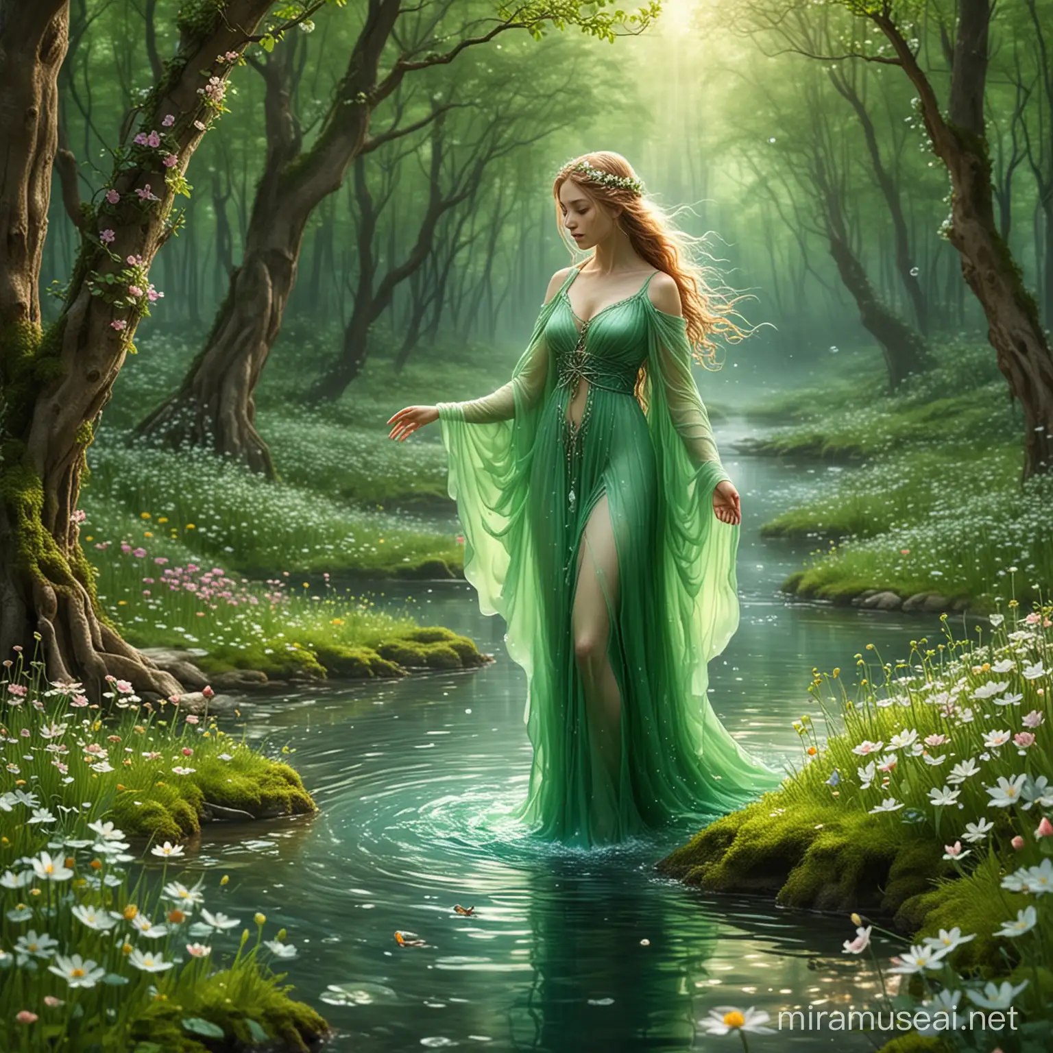 Enchanting Water Spirit Surrounded by Spring Blossoms in Lush Green Forest