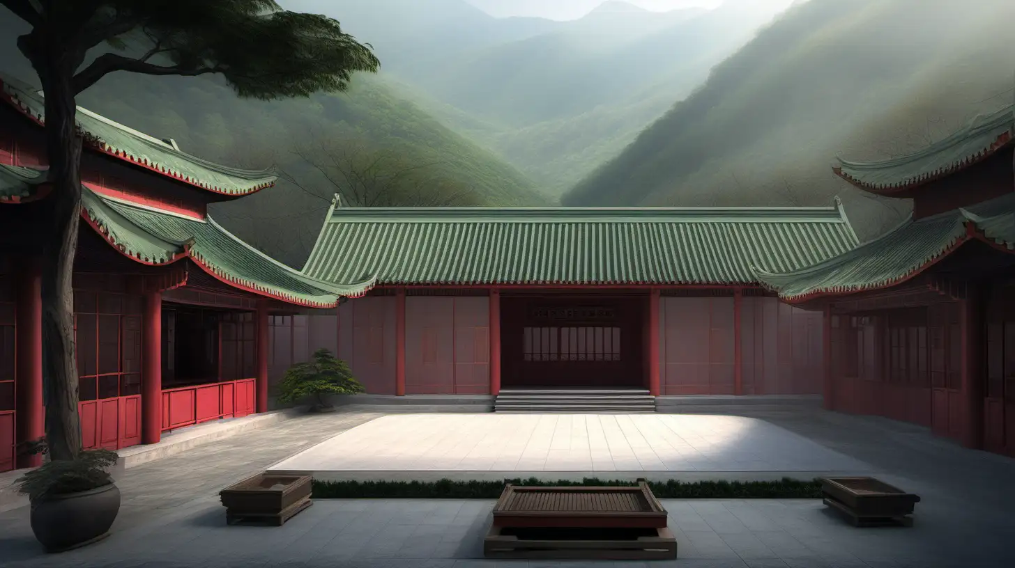Wuxia Sect Training Pavilion Courtyard in Mountain Setting