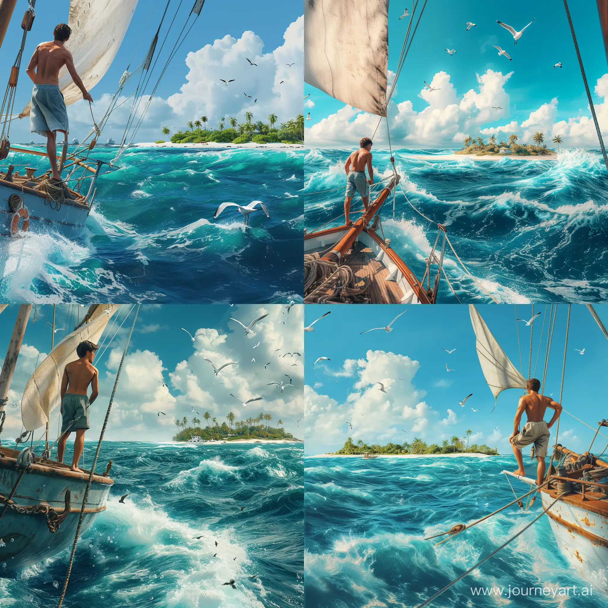Sailboat-Bliss-Man-on-Schooner-Amidst-Azure-Waves-and-Tropical-Paradise