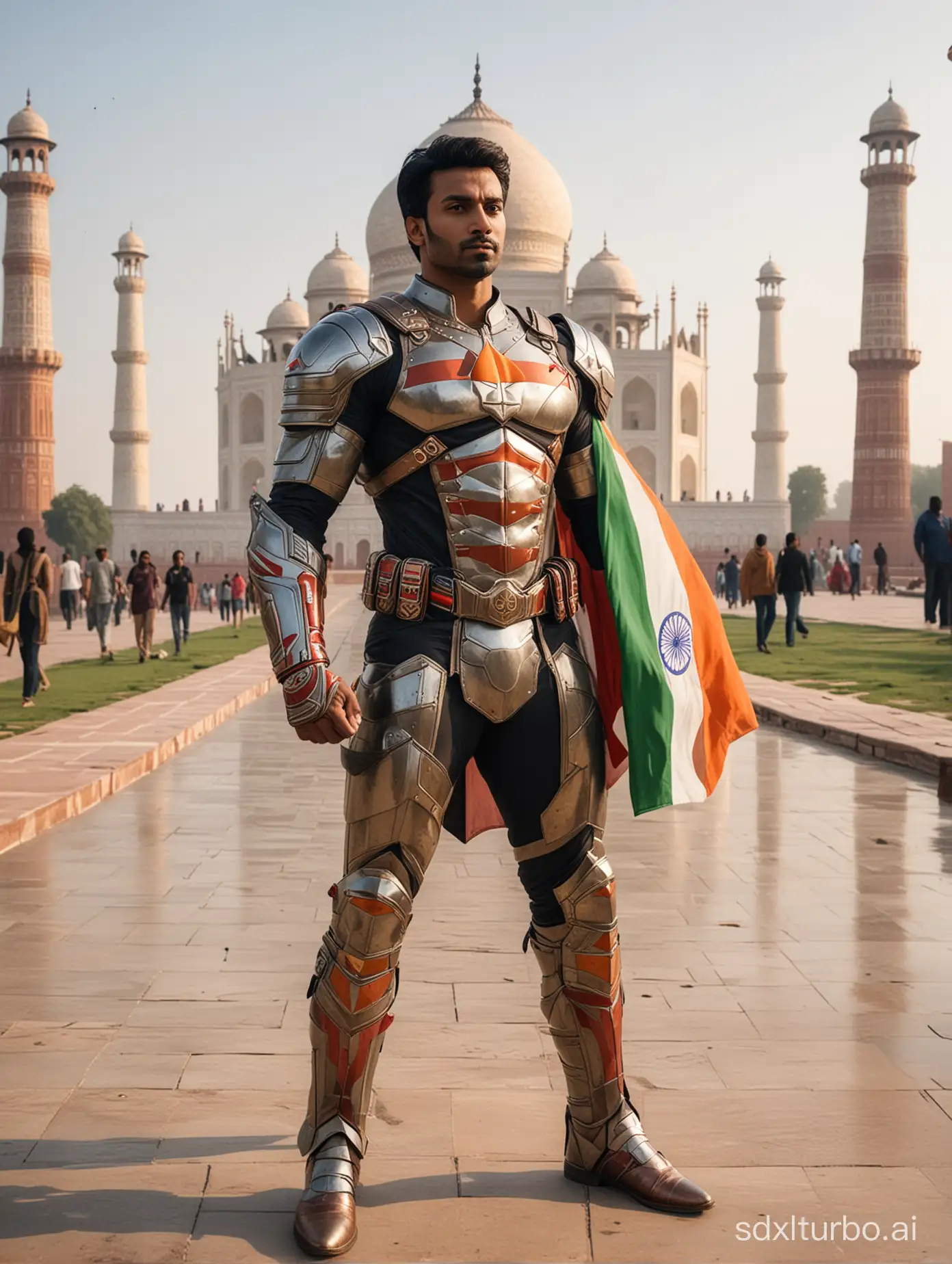Create a superhero with Indian origin wearing armoured costume with indian flag colours and he’s standing near Taj mahal
