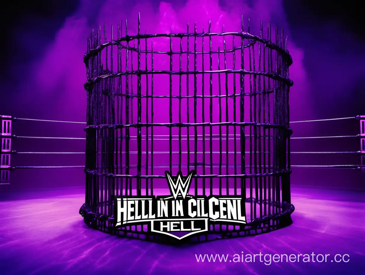 ФИОЛЕТОВЫЙ ФОН С ЛОГОТИПОМ WWE HELL IN A CELL НА ЗАДНЕМ ФОНЕ КЛЕТКА С РИНГОМ