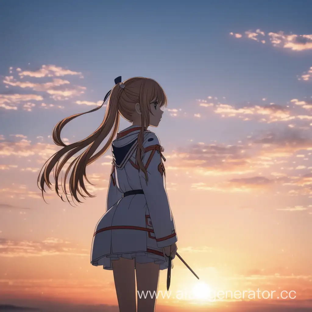 Красивая девочка из аниме стоит на фоне рассвета
