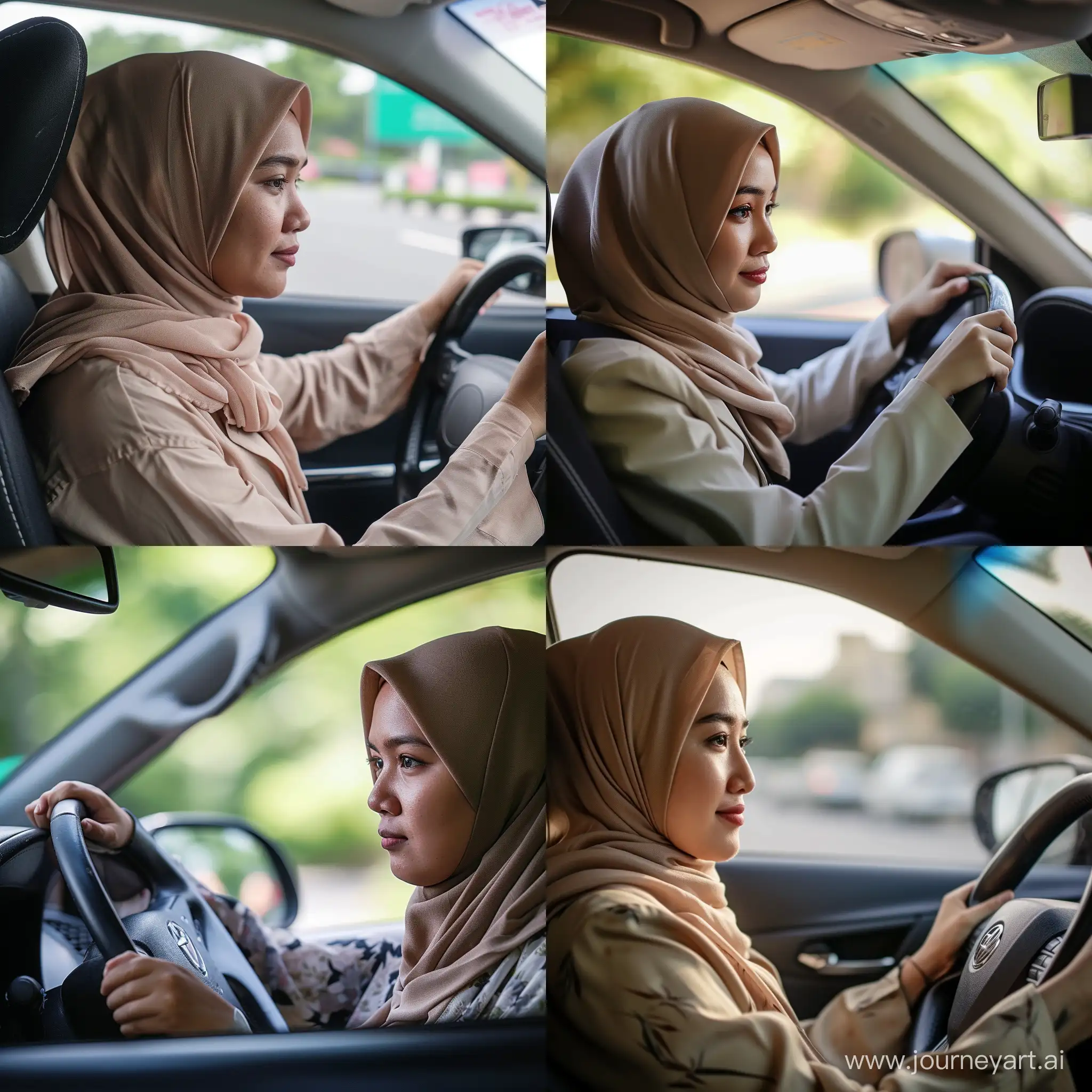 Indonesian woman wearing a hijab, is driving a car