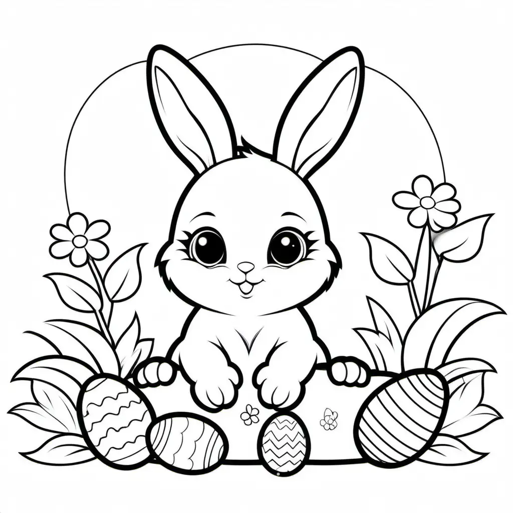 Easter baby bunny for kid, Coloring Page, black and white, line art, white background, Simplicity, Ample White Space. The background of the coloring page is plain white to make it easy for young children to color within the lines. The outlines of all the subjects are easy to distinguish, making it simple for kids to color without too much difficulty