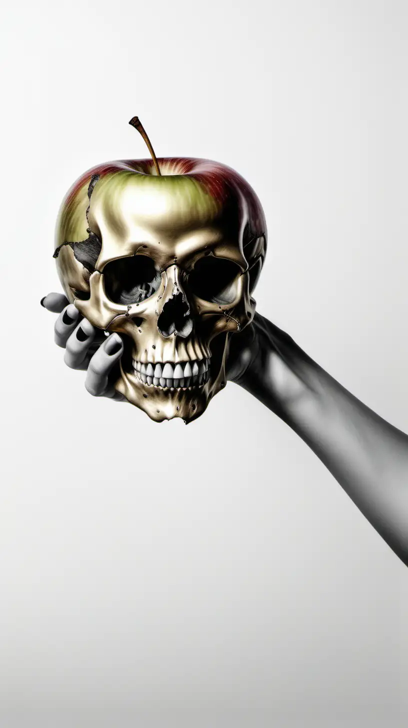 Hyper Realistic Drawing Female Hand with Bitten Apple and Skull Imagery