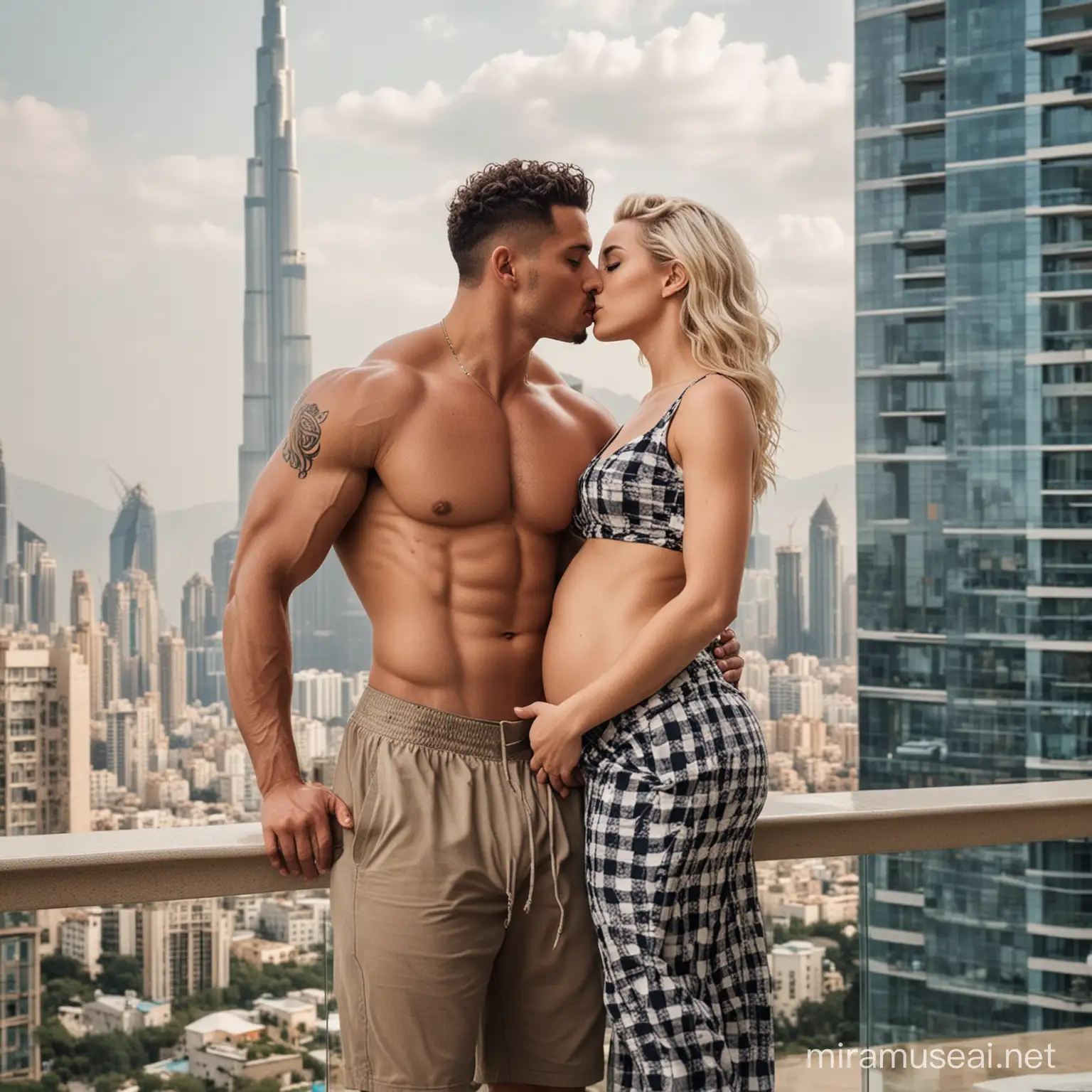 Talented Footballers Romantic Kiss with Pregnant Wife at Luxurious Mountain Villa Overlooking Skyscraper