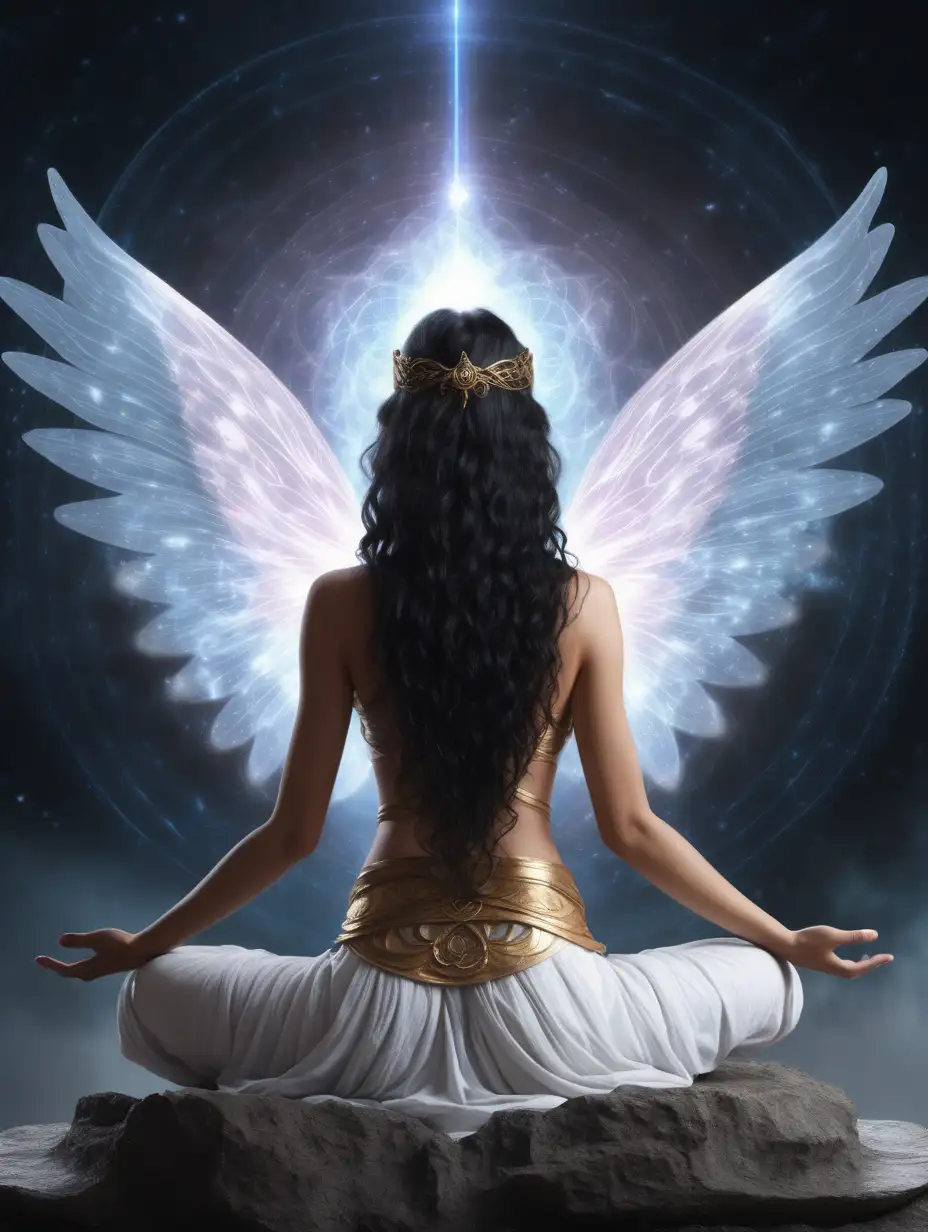 a fairy, godly costume, big wings, meditating in heaven, long open curly black hair, meditating, yogini, shot from backside, she is sitting in between energy realms, supernatural energy radiations emerging out of her, strong energy radiations around, ultra realistic skin texture and details, photorealistic 