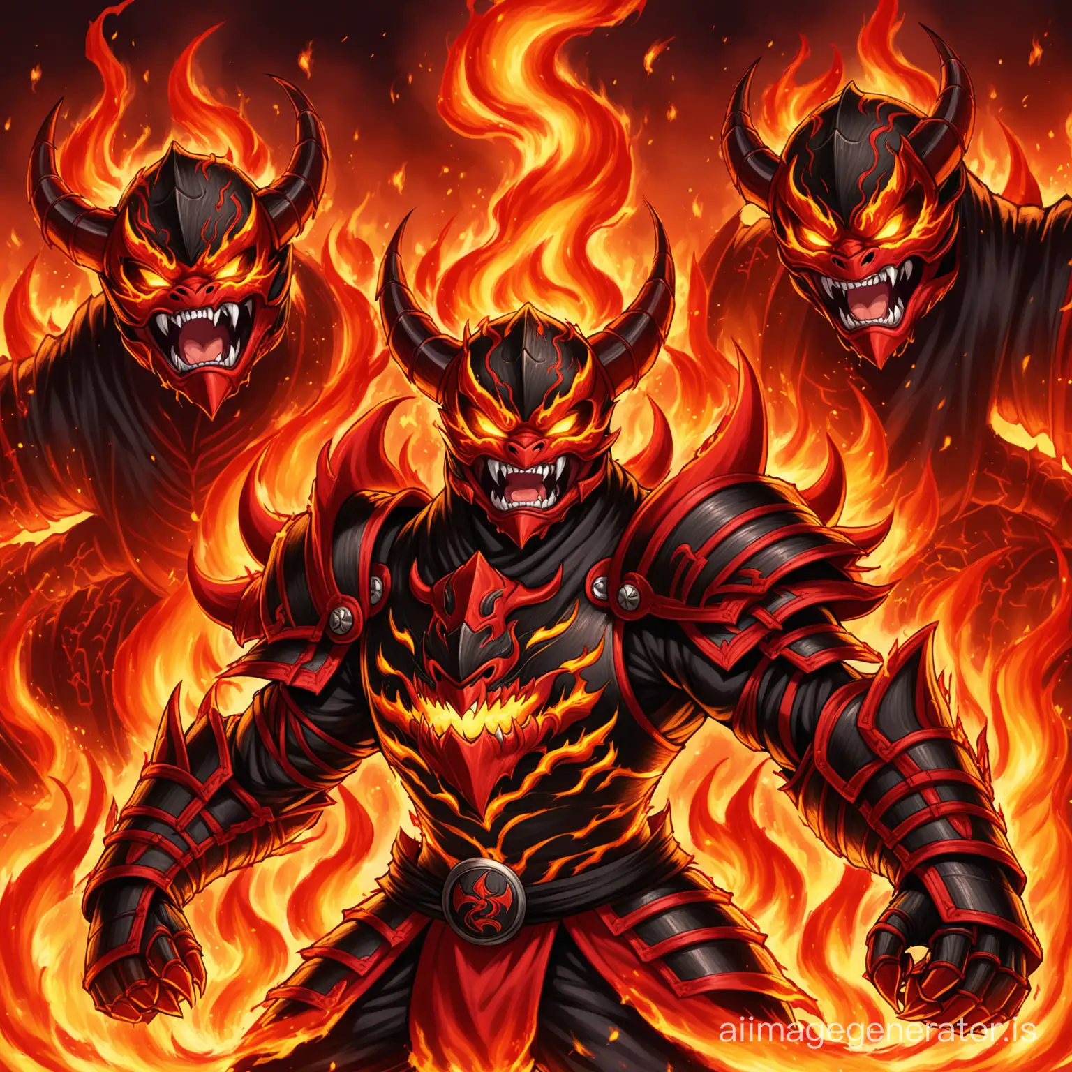 red sab zero, mortal combat, fiery demon-ninja, mask in the form of a roaring mouth with fangs, fiery demon, fiery eyes, covered in flames, burning demon, evil demon, fiery ninja, chitinous armor, lava veins on armor