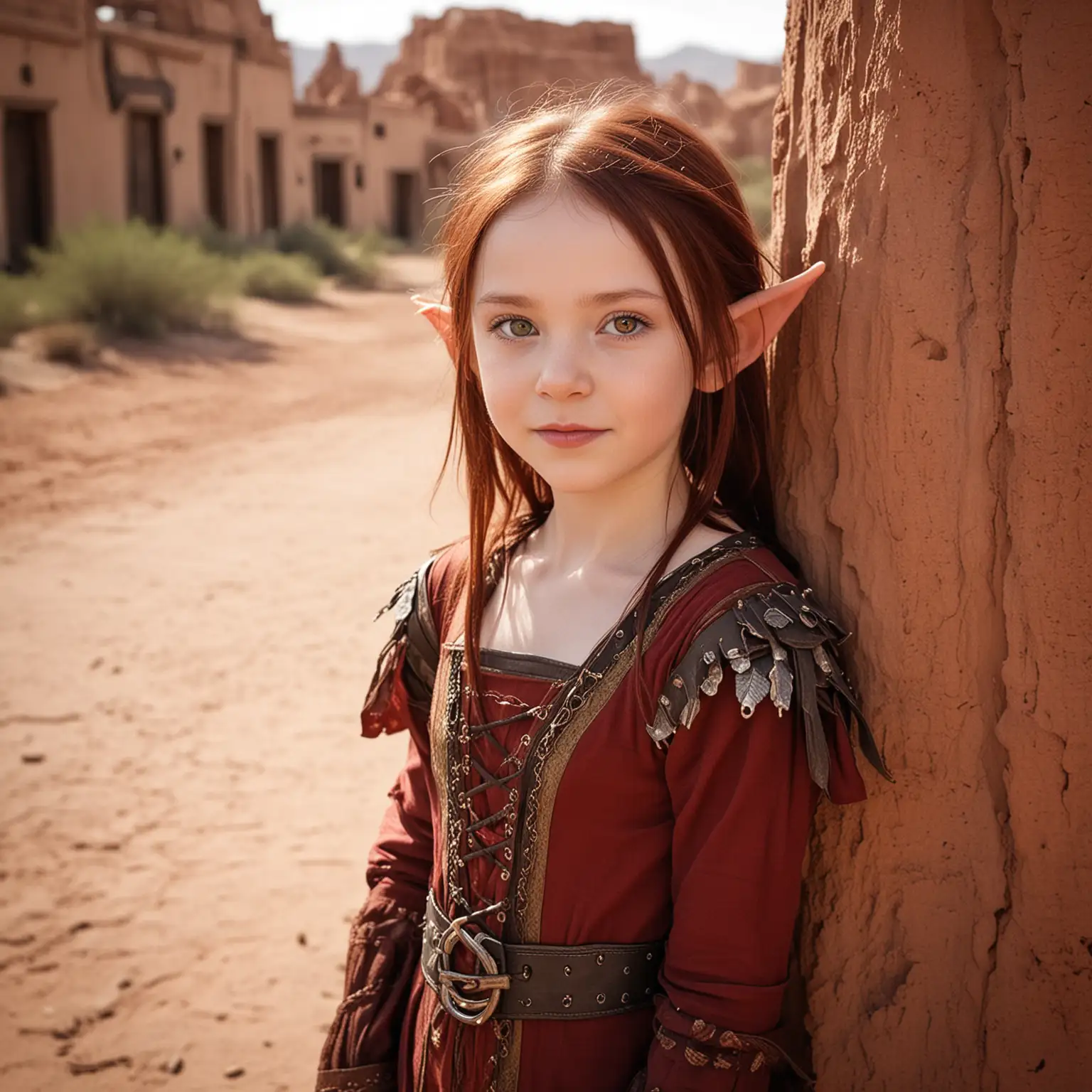 Fantasy, four year old Elven Girl, pale skin, pointy ears, dark red hair, rust colored eyes, slave attire, spunky, cute, desert city
