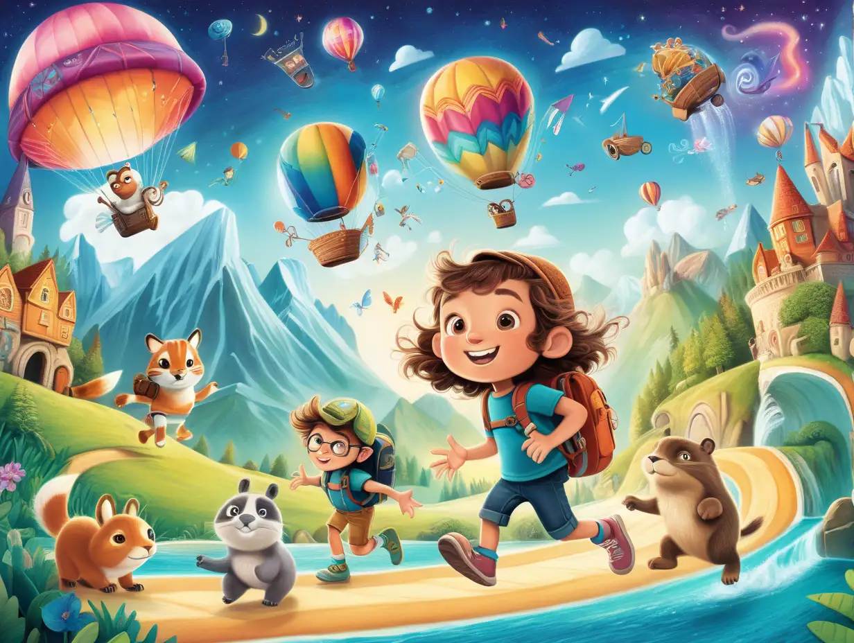 Whimsical Adventure Illustration for Kids with Vibrant Landscapes and Magical Creatures