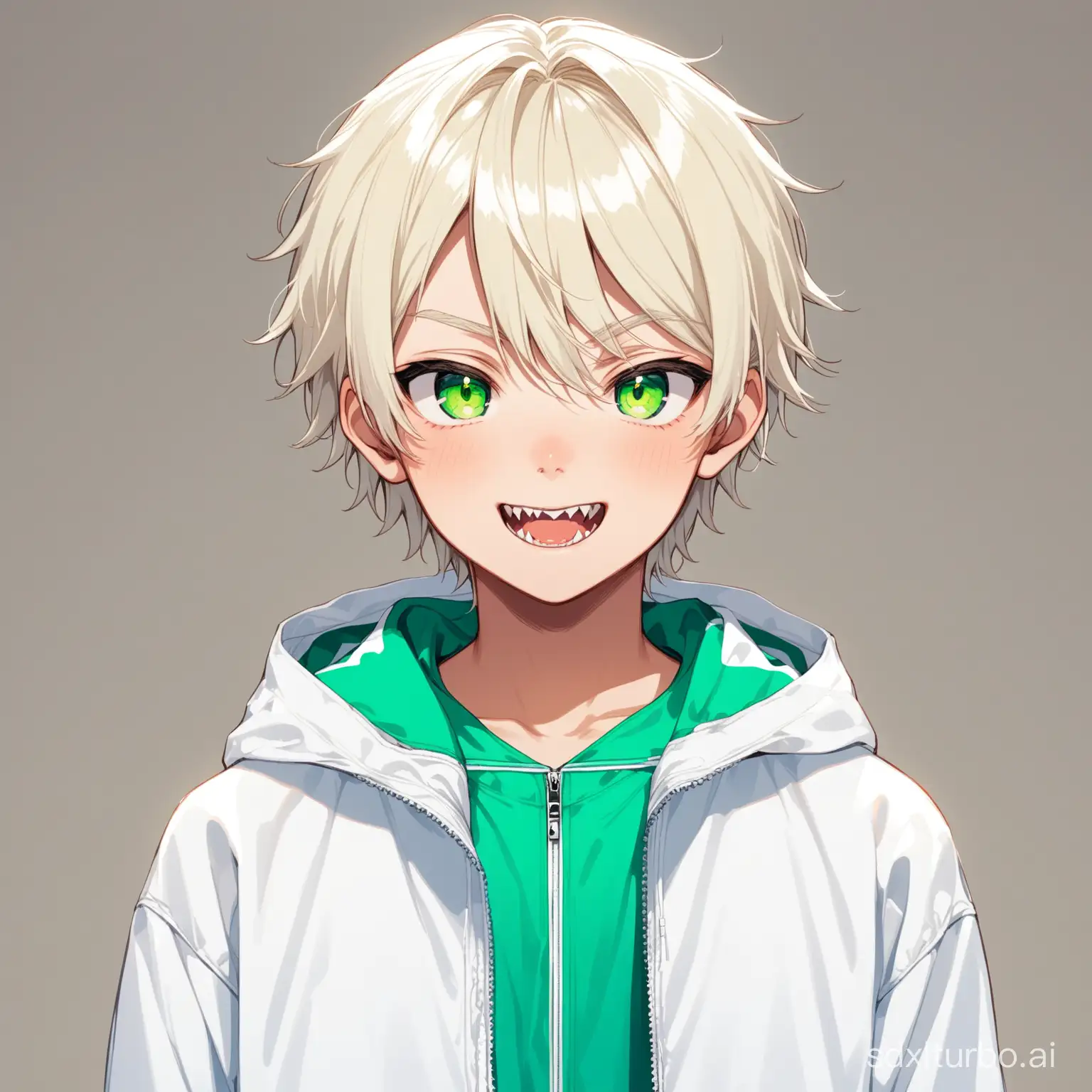 A boy with platinum blonde hair, green eyes, small fangs and braids, wearing a white windbreaker, standing at 175 cm tall.