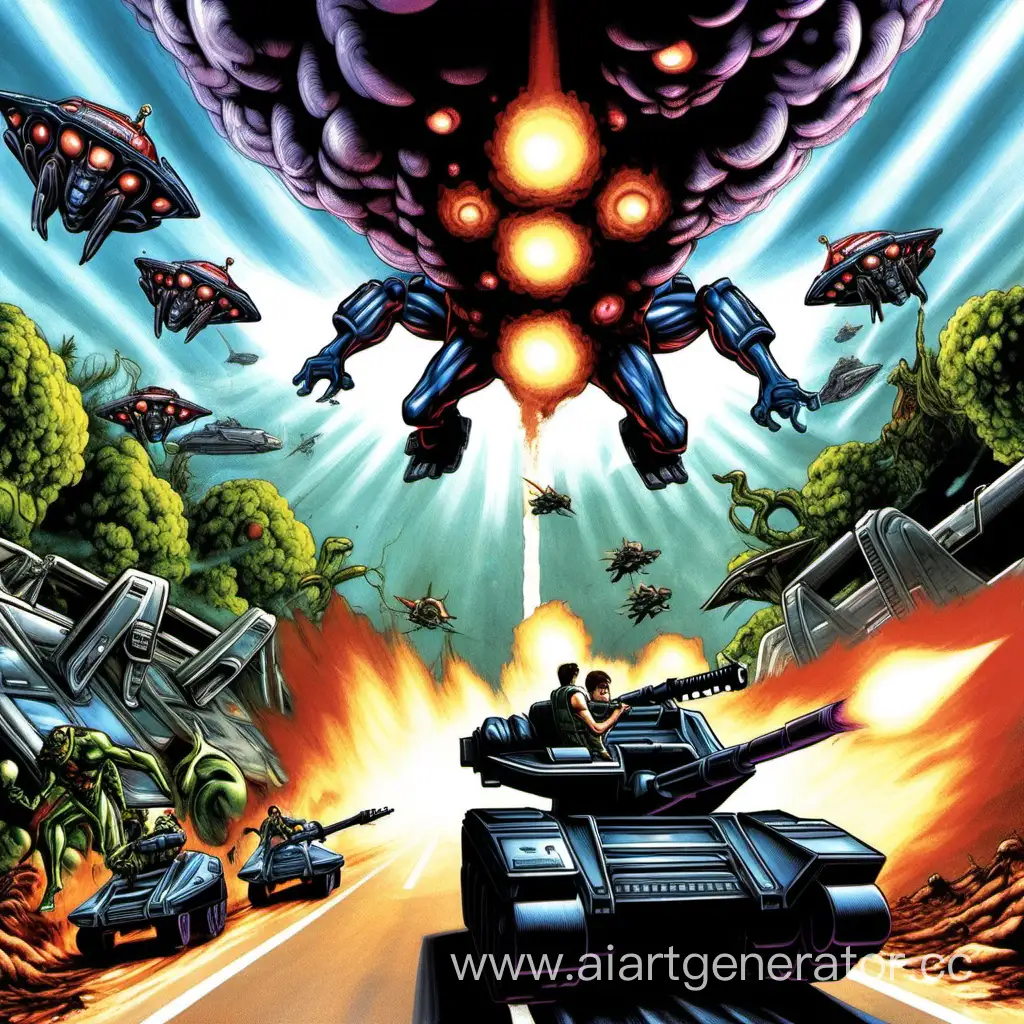 
Contra: The Alien Wars.
Билл едет на танке стреляет из него прямо по пришельцам и видна его голова из люка. 
Лэнс рядом бежит и стреляет в пришельцев на дороге и в воздухе.
