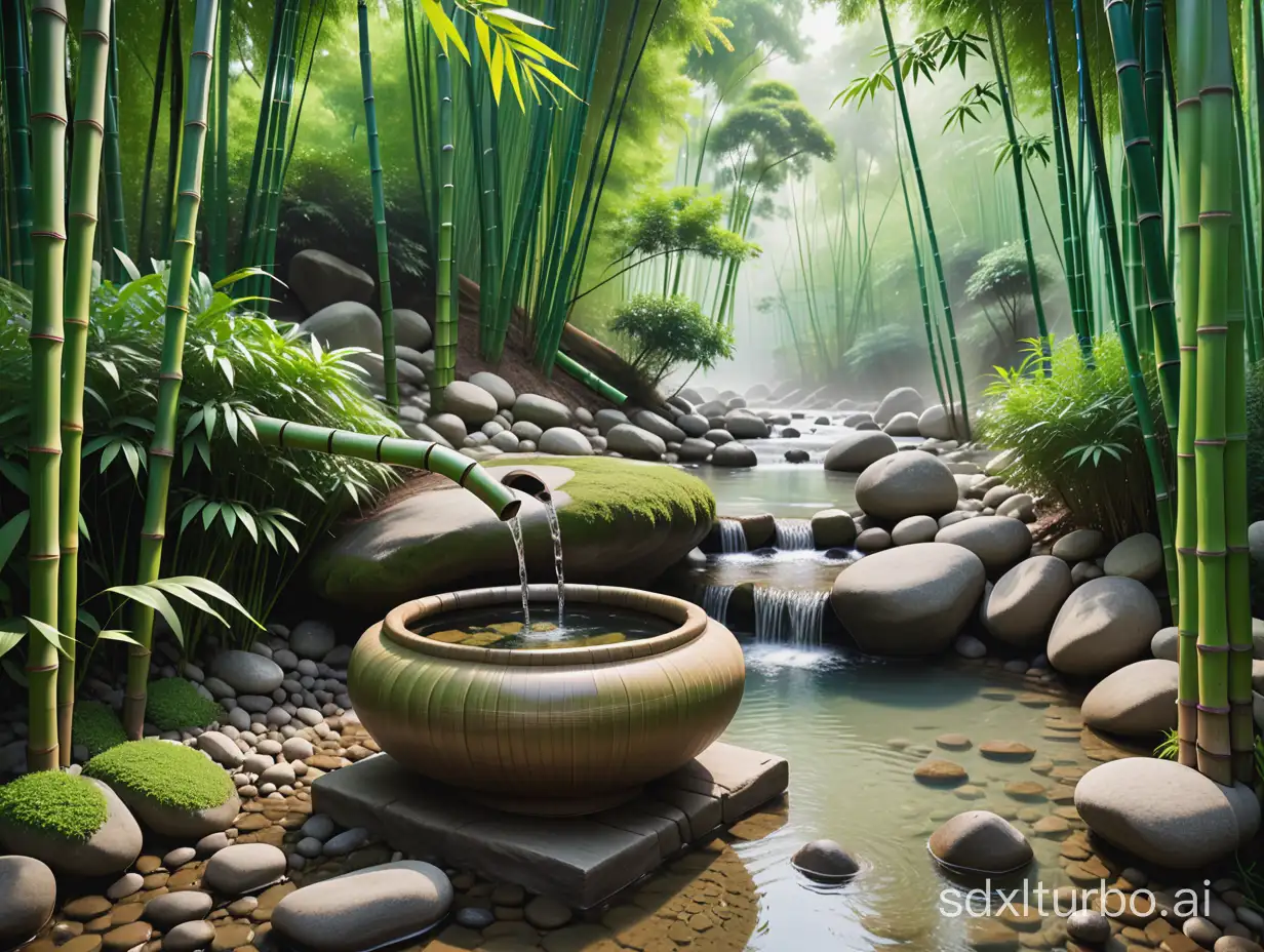 An ancient water piping system made from straight green bamboos, channeling stream water from a higher place to a ceramic urn near a semi-open challet. The bamboo forest setting is dense and vibrant with greenery. The focus is on the small, straight bamboo pipes, vividly green, demonstrating their seamless integration into the environment. A crystal-clear, rock-based stream at a higher elevation meanders through the forest, enhancing the scene's serene and picturesque quality. The challet, subtly blending with its surroundings, partially reveals the urn being filled with water, symbolizing the harmonious balance between human ingenuity and nature.