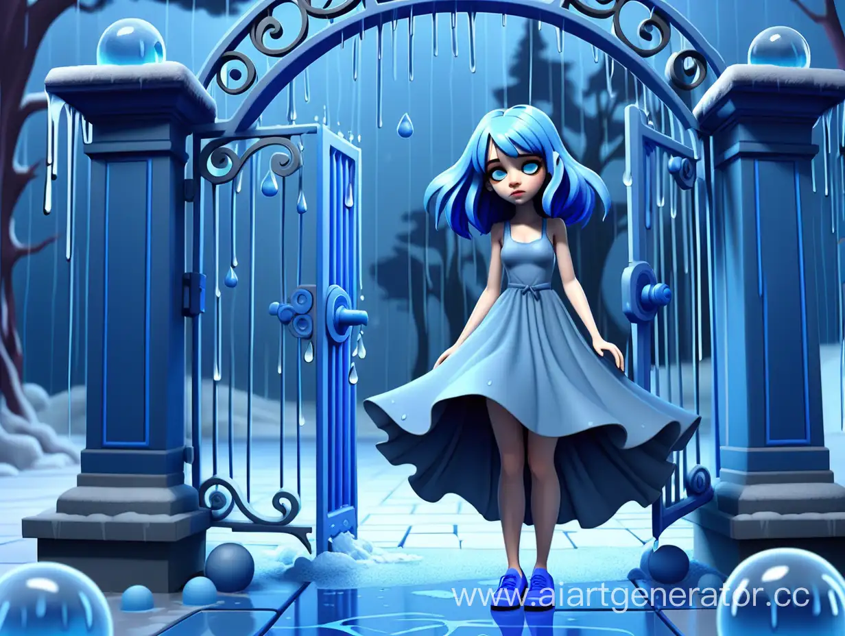 На голубом фоне с голубыми  деревьями  девочка  с голубыми волосами голубым платьем и голубыми туфлями стоит под голубыми ледяными воротами а на неё льётся голубой дождь с голубыми ледяными  шарами  которые лежат на полу 3д анимация