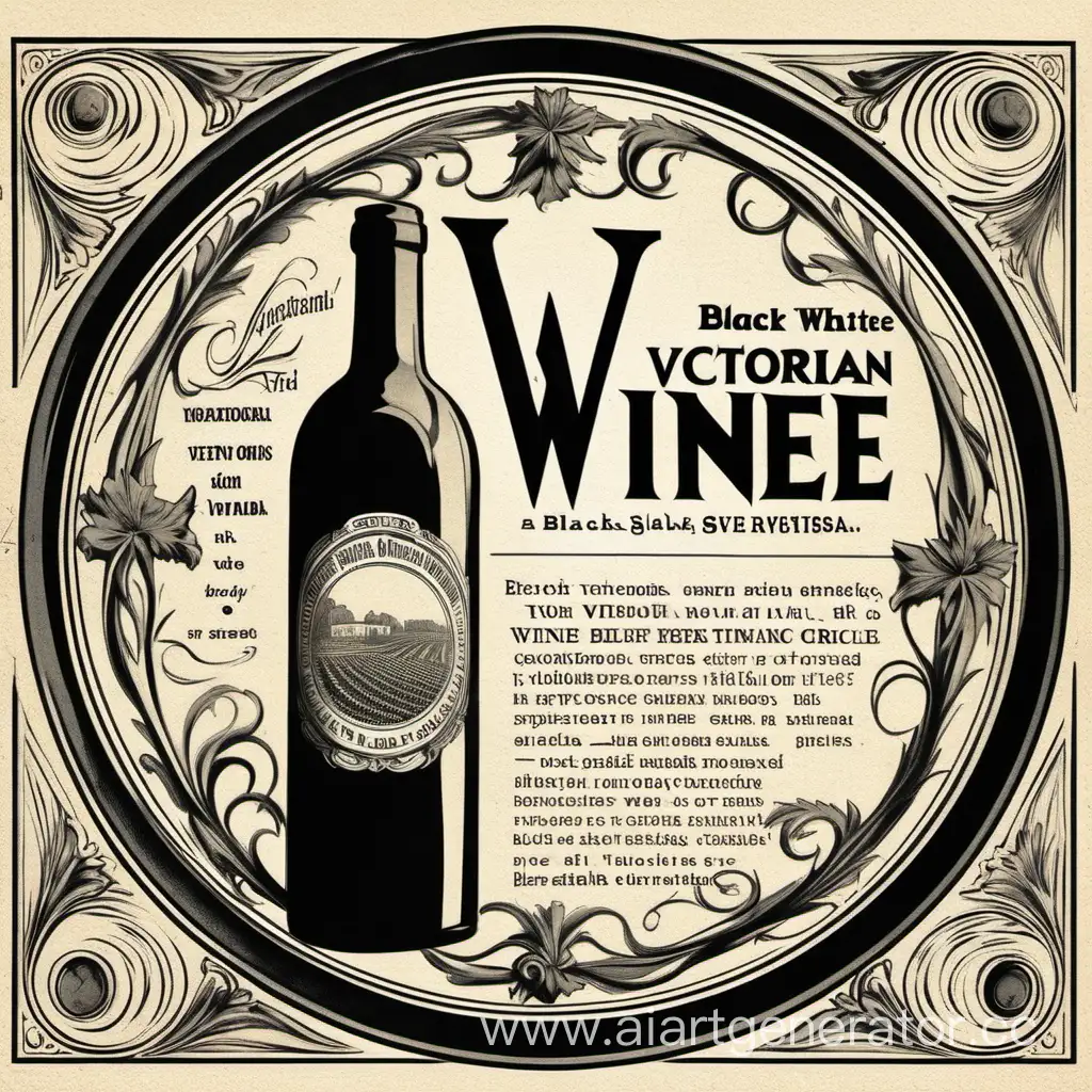 black and white, Victorian advertisement, wine bottle in a circle, simple