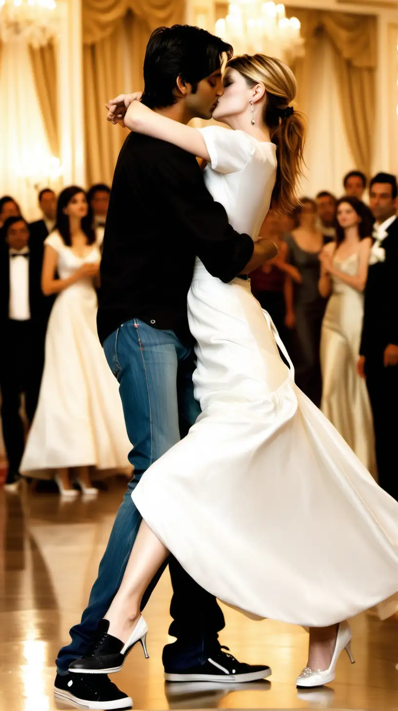 Young indian man, short sleeved black T-shirt and jeans and black sneakers dances languorously and passionately kisses Young Mischa Barton mid length dark brown hair and white duchess satin wedding dress and white pumps, in the brightly ballroom 
