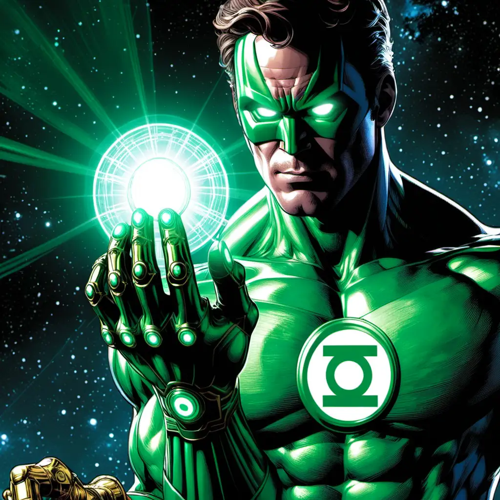 The green lantern putting on the infinity gauntlet