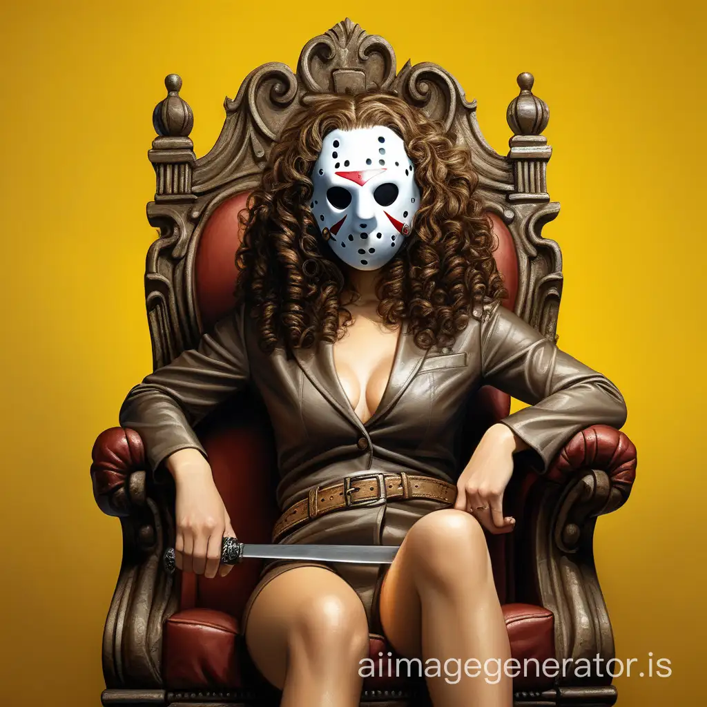 Brown curly hair lady with Jason Voorhees mask sitting on throne with yellow background