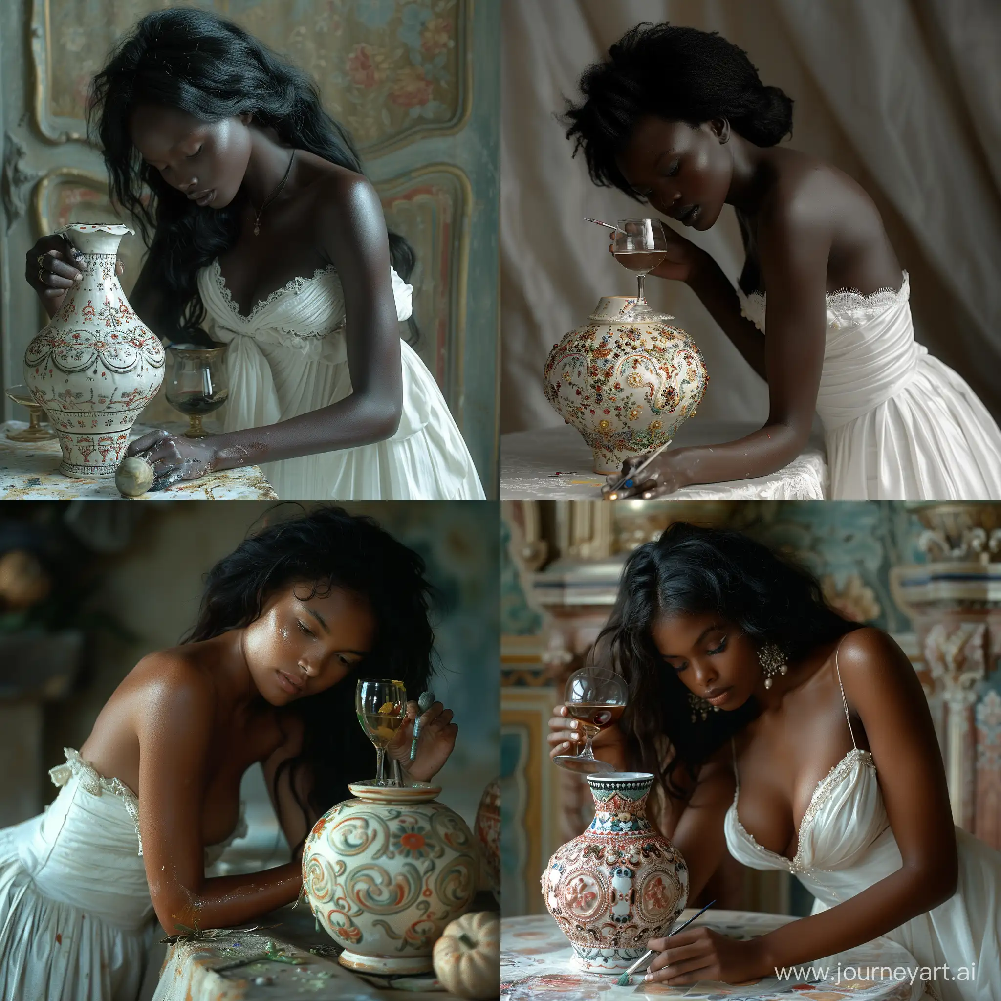 jeune femme africaine d'origine malgache merina, des hauts plateaux de Madagascar, black skin, la jeune femme est penché sur une table ou elle peint une vase de céramique décoré, robe blanche, tête et bras nus, avec à la main un verre de vin, cheveux noir , photo dans l'esprit de Annie Leibovitz --stylize 750 --v 6