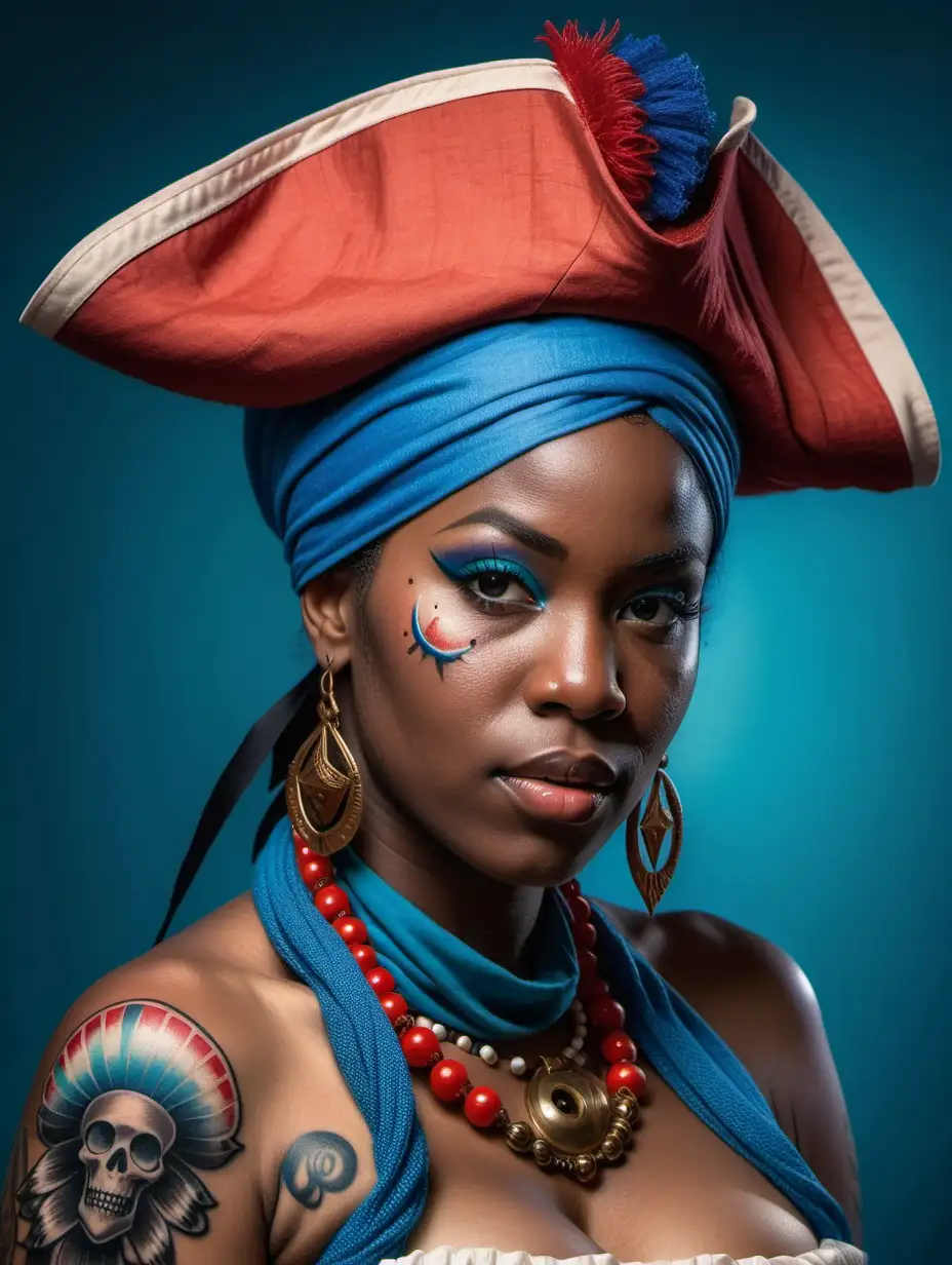 rench Pirate themed portrait, african woman, highly detailed, circus, in the style of whimsical yet eerie symbolism,French themed, light red white and blue palette, upper body portraiture, chubby African black skinned female, blue hair, big boobs, wearing a pirate themed outfit, bicorne pirate hat, red and blue scarf, Napoleonic revolutionary theme, covered in tattoos, inside a circus tent, nature-inspired pieces, circus costumes, ultra details