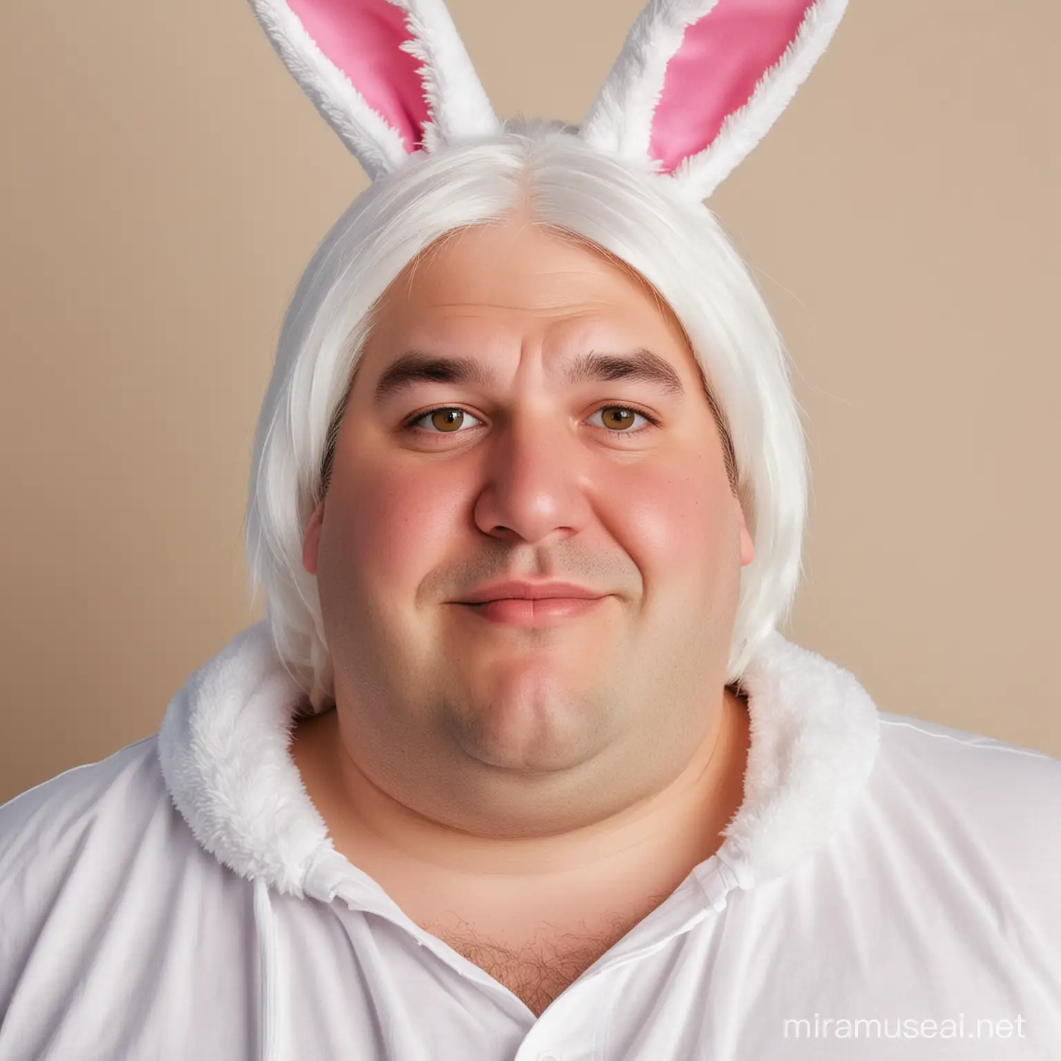Homem obeso, cabelos brancos, olhos castanhos, pele branca, estrabico, fantasiado de coelho da Páscoa 