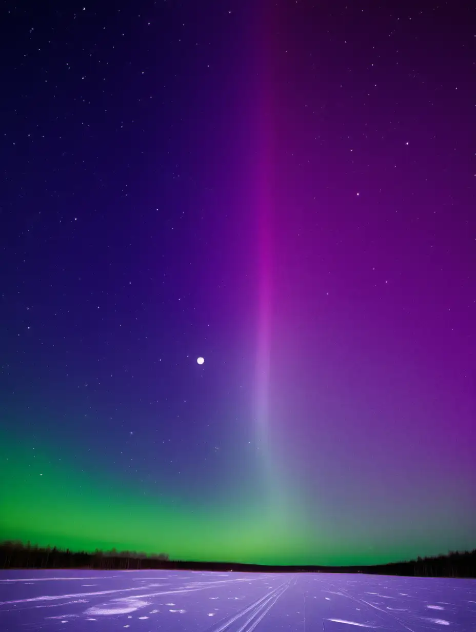 northern light skies, purples and green and light yellow and light fuscia only, with a lot of stars, and a full moon, sky only, flat horizon, no ground, no mountains, no snow, no trees, no trees, no mountains, no earth, only sky