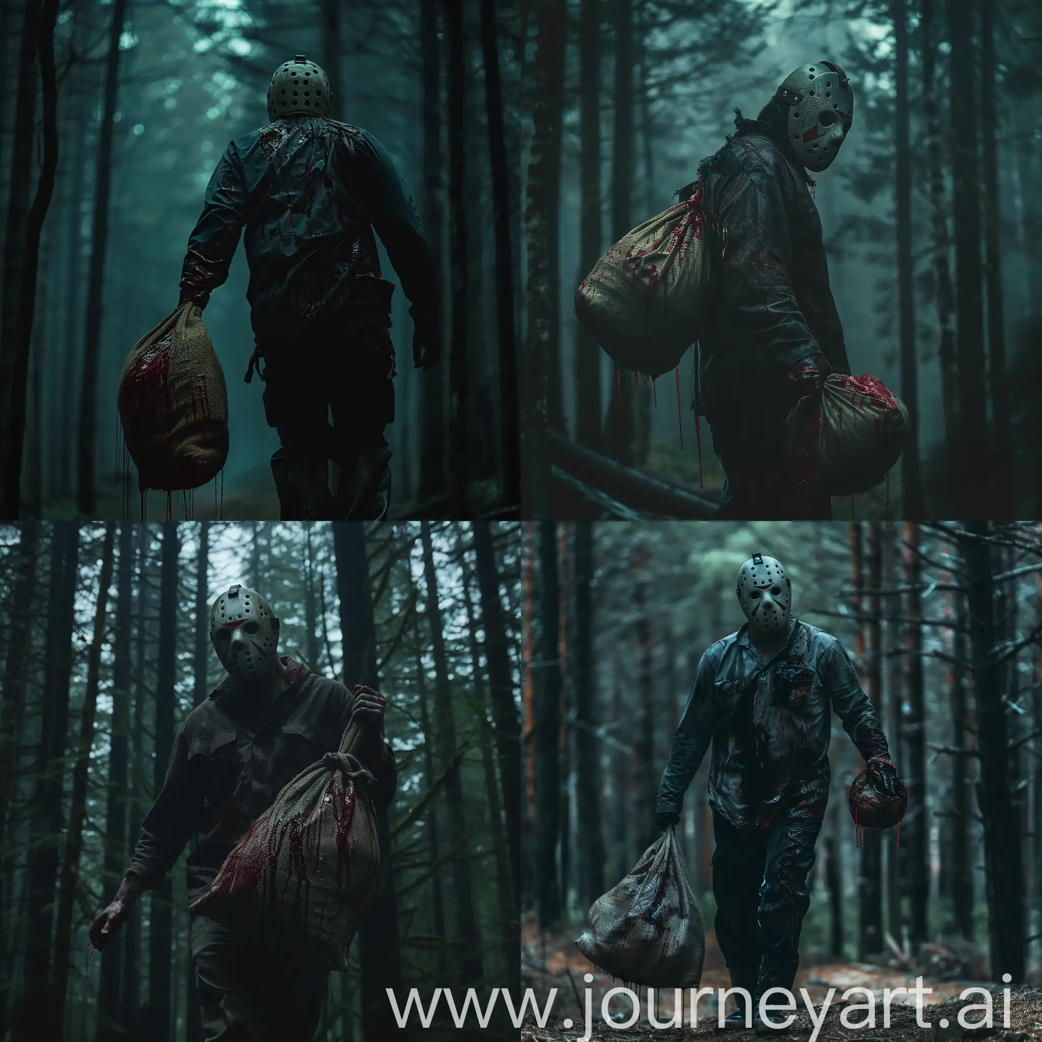 Jason Voorhees carrying a sack which blood dripping out of. In a dark forest. Cinematic shot.