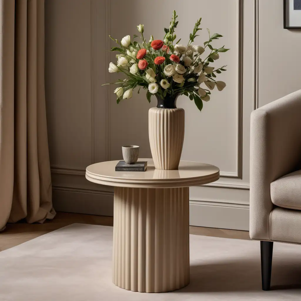 A product photography picture of a beige circle side table with a single pedestal fluted base in the centre of a contemporary living room with a vase of flowers on top of it.
