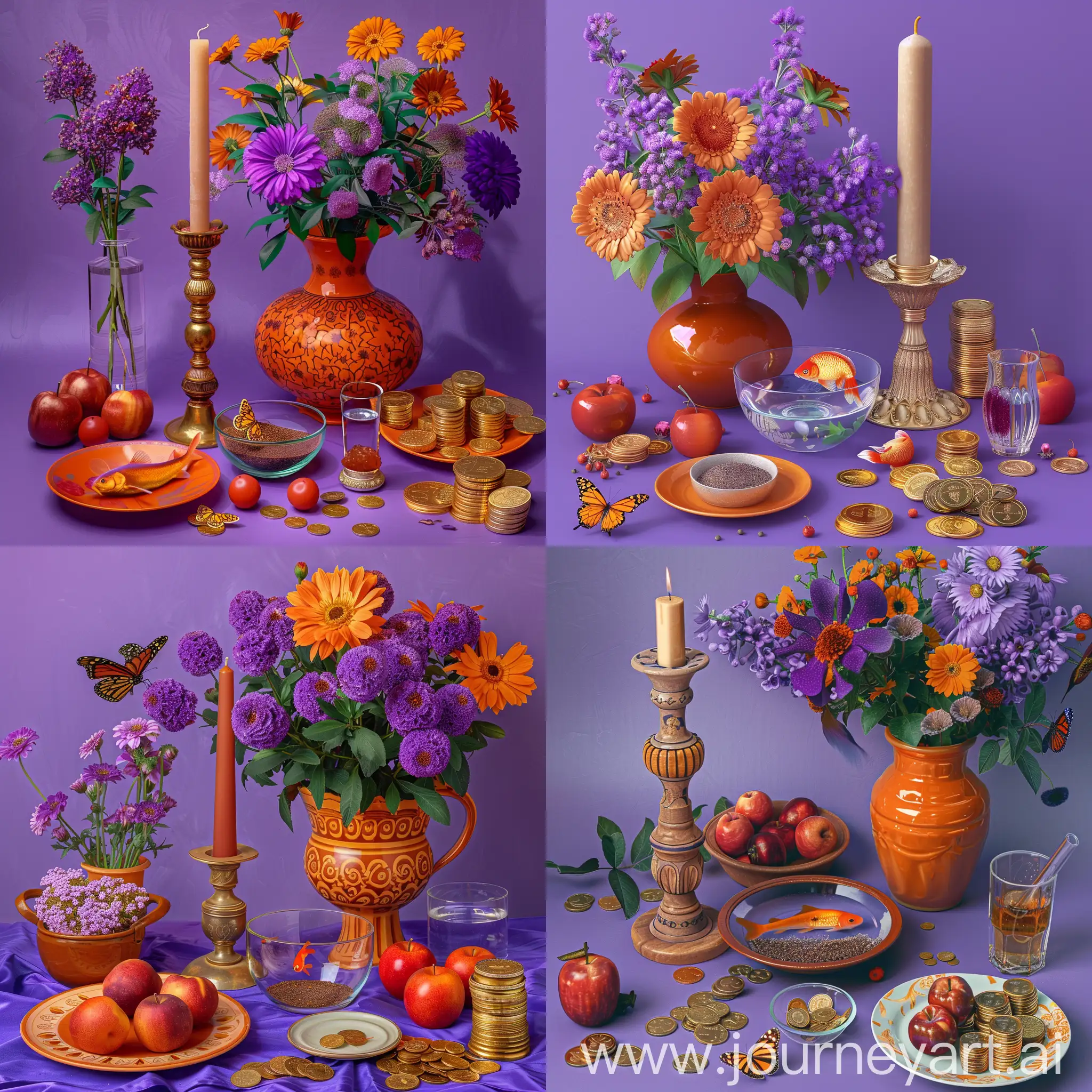 Purple-Iranian-Candlestick-with-Orange-Fish-and-Butterfly-Decor