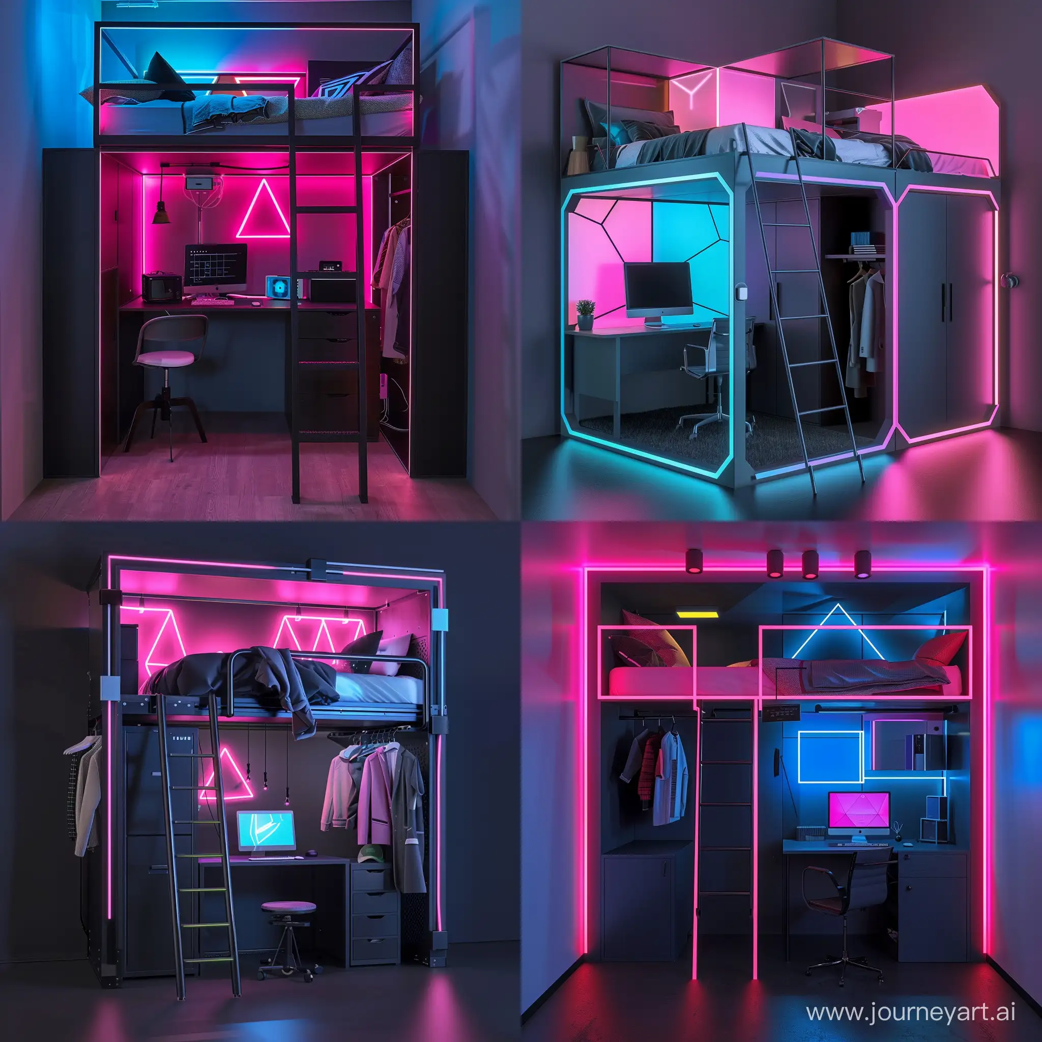 A unit containing a loft bed, a ladder, a desk with a computer, and a wardrobe in a small room, its dimensions are 3 meters, 2 meters, and a height of 3 meters. The room is lit in pink and bright blue, with geometric lighting shapes on the walls. The room colors are black and gray.