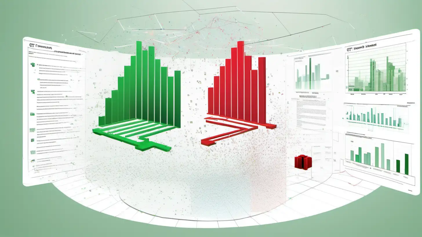 Create a dynamic 16:9 image for an article about QT Library optimization during an OS migration, featuring a 3D performance metrics chart against a digital workspace backdrop. The chart uses red to denote lower initial performance levels and vibrant green for significant improvements, highlighting a prominent dip in green to symbolize optimization success.

To add depth to the theme, include a visual representation of a symbolic battle between the QT Framework and a developer, illustrating the challenges and breakthroughs in optimization. This confrontation could be creatively visualized through stylized icons or figures representing the QT Framework and the developer, engaging in a metaphorical fight, surrounded by digital effects to emphasize their interaction and the journey towards improved performance.

Incorporate subtle references to databases and dependencies, ensuring these elements enhance the narrative without distracting from the main visual elements. The design should narrate the story of technological progress, the strategic overcoming of optimization challenges, and the resultant benefits, with the color-coded chart and the abstract conflict visually conveying the article's message of achieving enhanced performance through dedicated technological efforts.