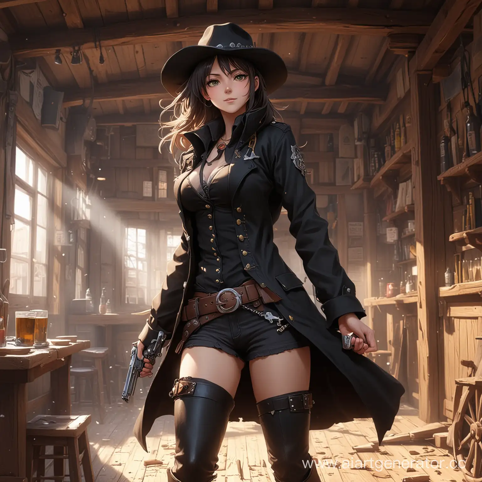 Anime cowboy girl breaks into a tavern with two revolvers, black coat