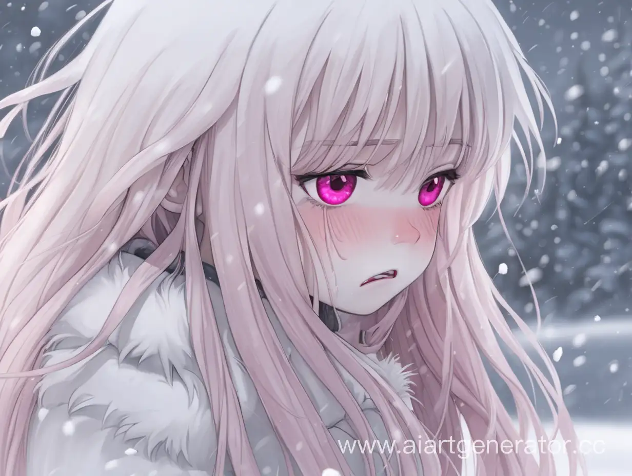 девочка с белыми лохматыми длинными волосами, розовыми глазами плачет в снегу
