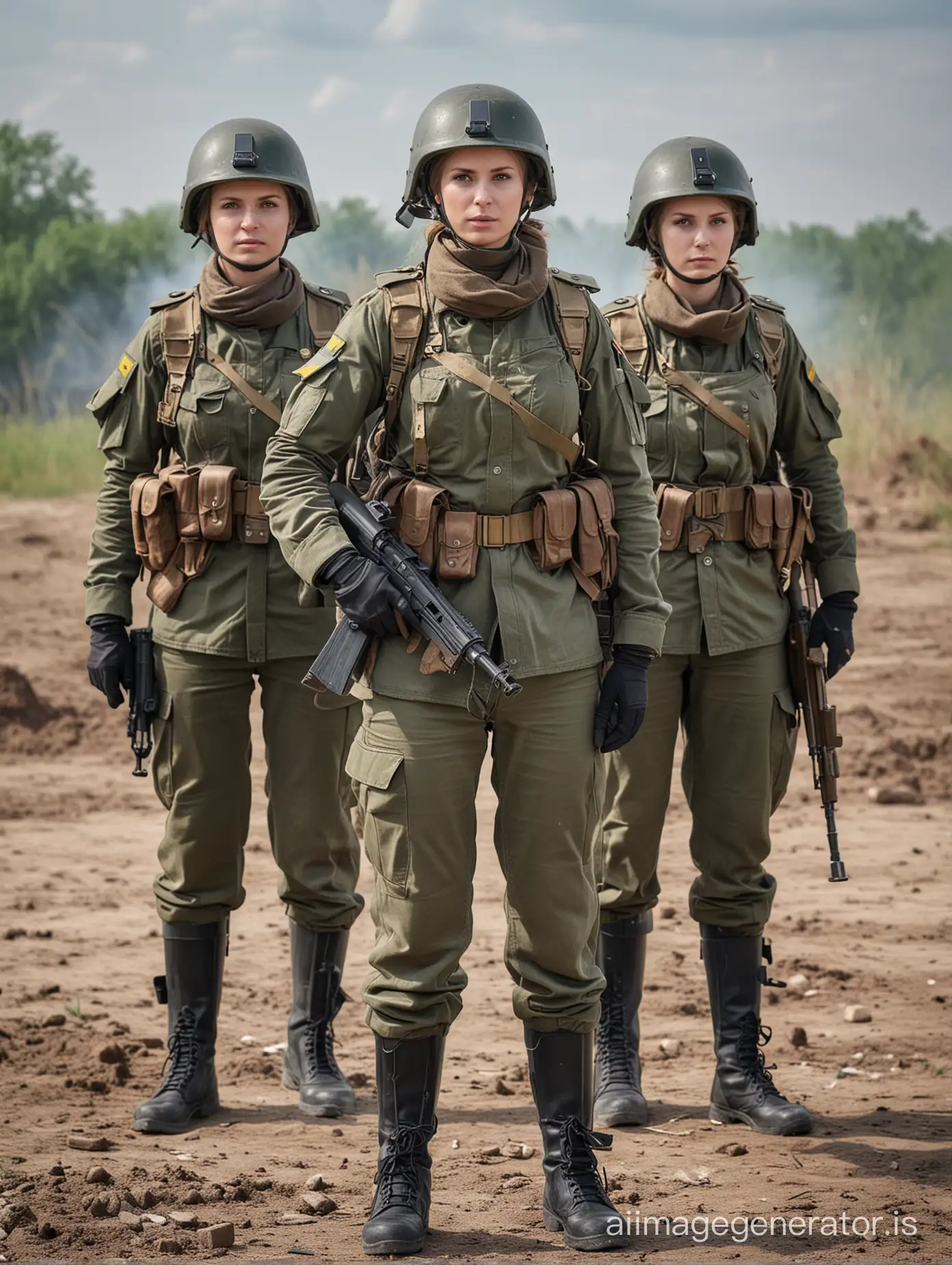 Ukrainian female soldiers on the battlefield, rocket launcher, protective helmets, 3 people, full-body frontal view, high definition