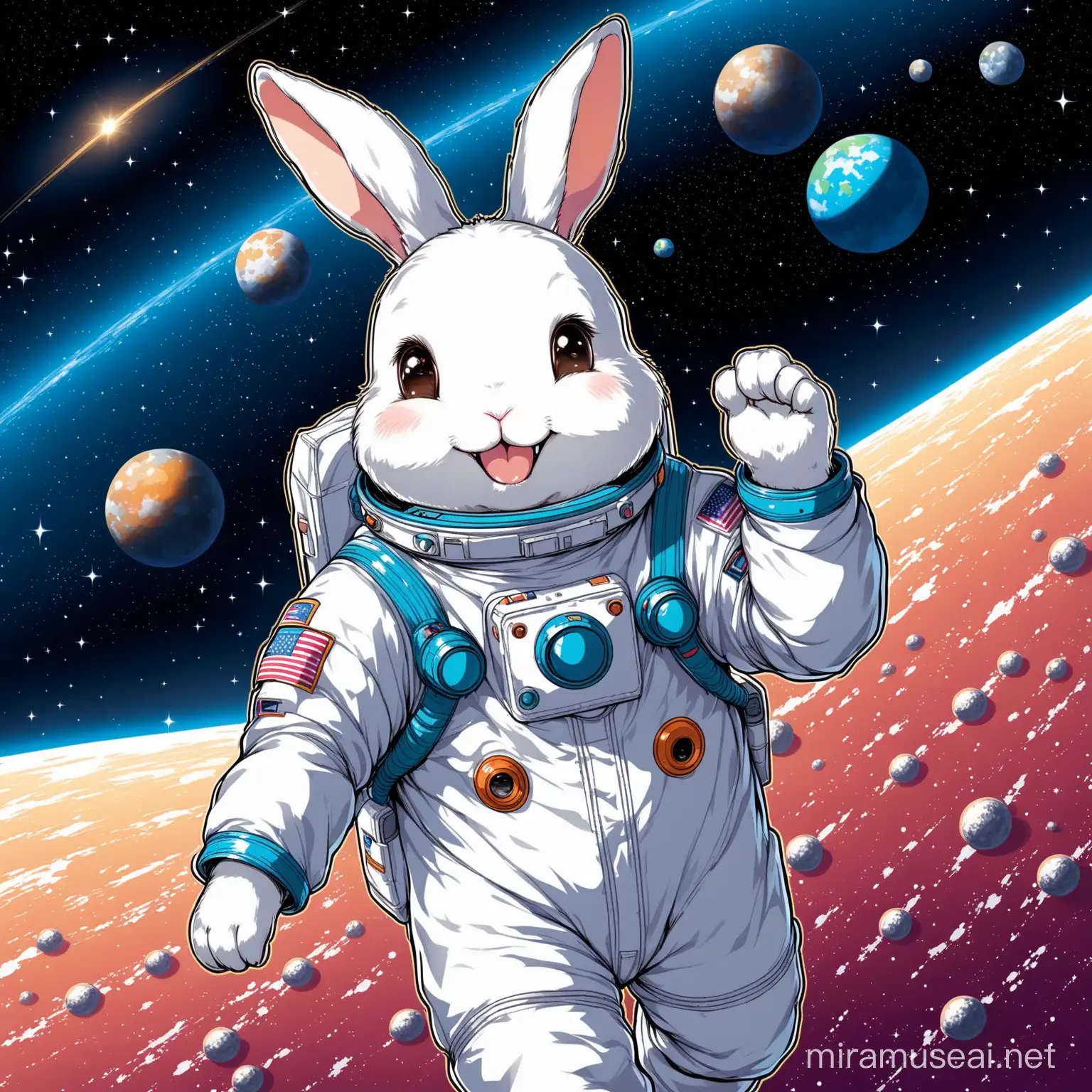 Happy rabbit wearing space suit