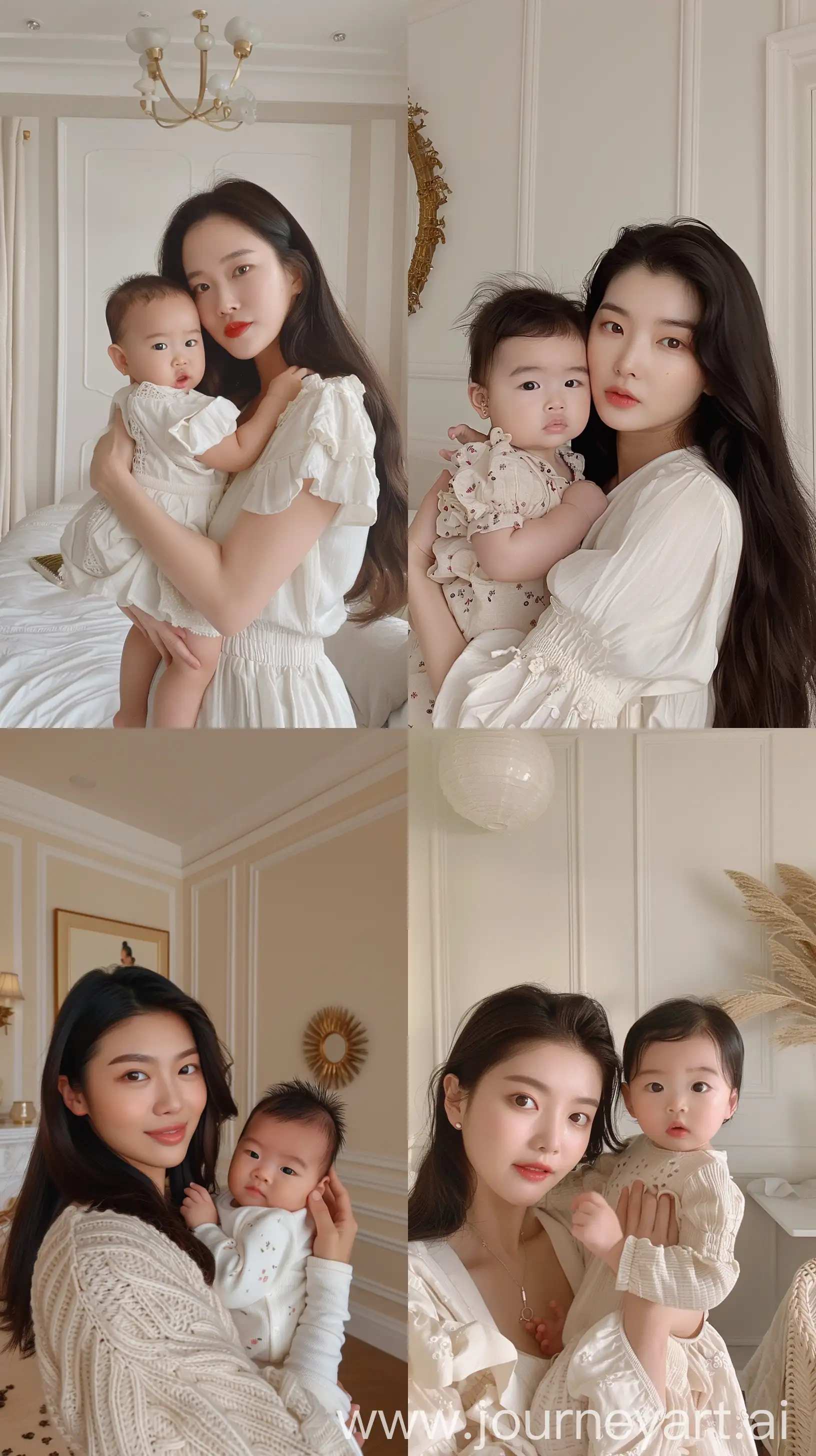 jennie kim holding 2 years old baby girl, facial feature look a like jennie kim, aestethic selfie,inside cream room --ar 9:16