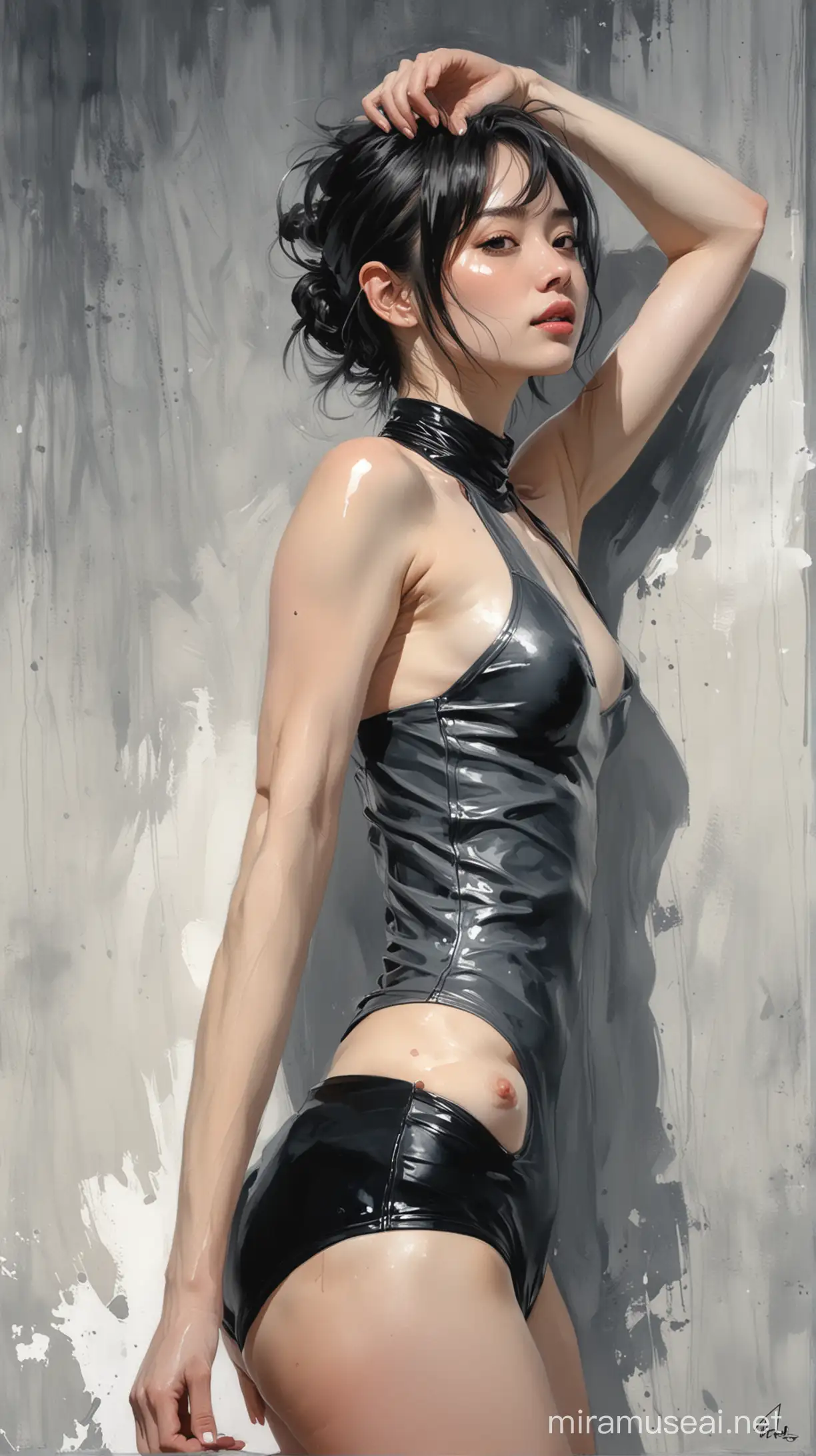 Alex Maleev illustration depicting very pale alluring evilly smirking Han Hyo-joo wearing shiny black high neck one-piece swimsuit and loose gray jacket leaning back against white wall, arms raised over her head, smooth shapely thighs, seductive, arms over her head, bun hair, messy watercolor, no distortion, gray palette, insanely high detail, very high quality, seen from below, low angle view