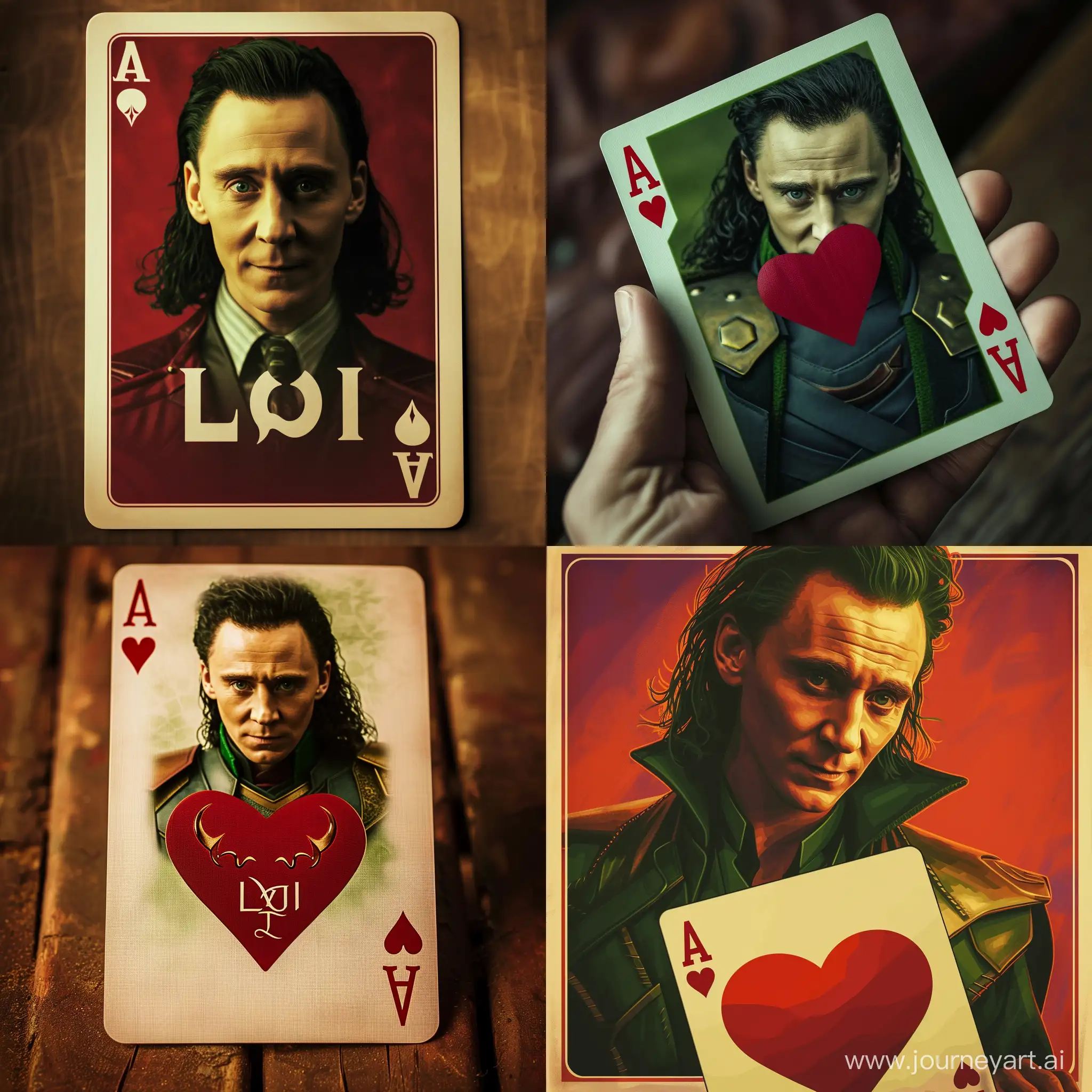 generate poker card ace of heart with Loki TVA poster style from TV show Loki