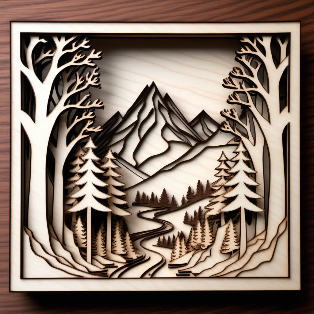LaserCut Multilayer Mountain Landscape with Road and Forest