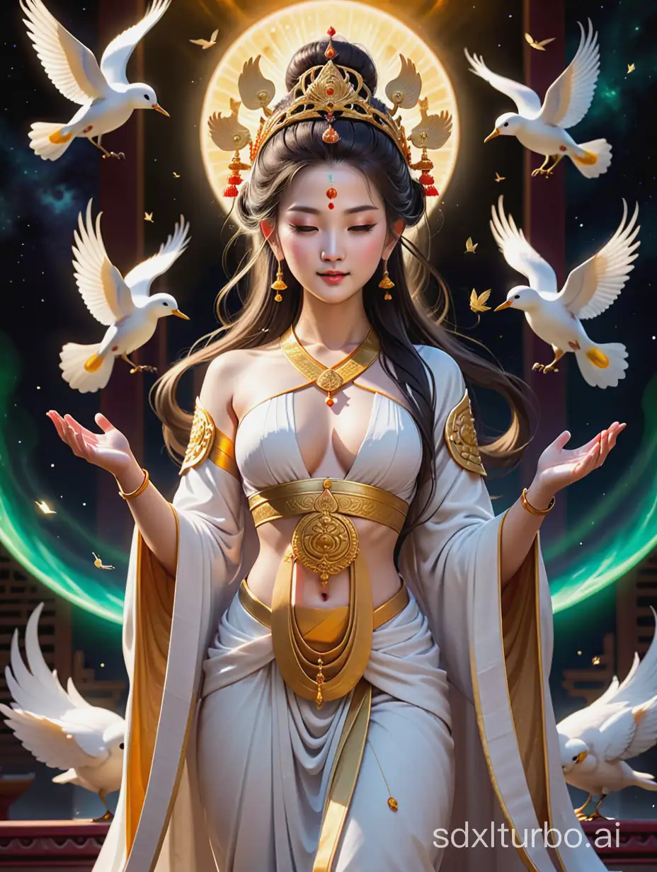 A female bodhisattva with a strong sense of future technology , she has fair skin and a graceful figure. dressed in white robes.beautiful headdress, chest ornament.
she stood on a stage surrounded by auroras, with golden immortals and relic birds surrounding her, singing together, radiating the wisdom and joy of the Tathagata to the audience.
she is in Buddhist palace.