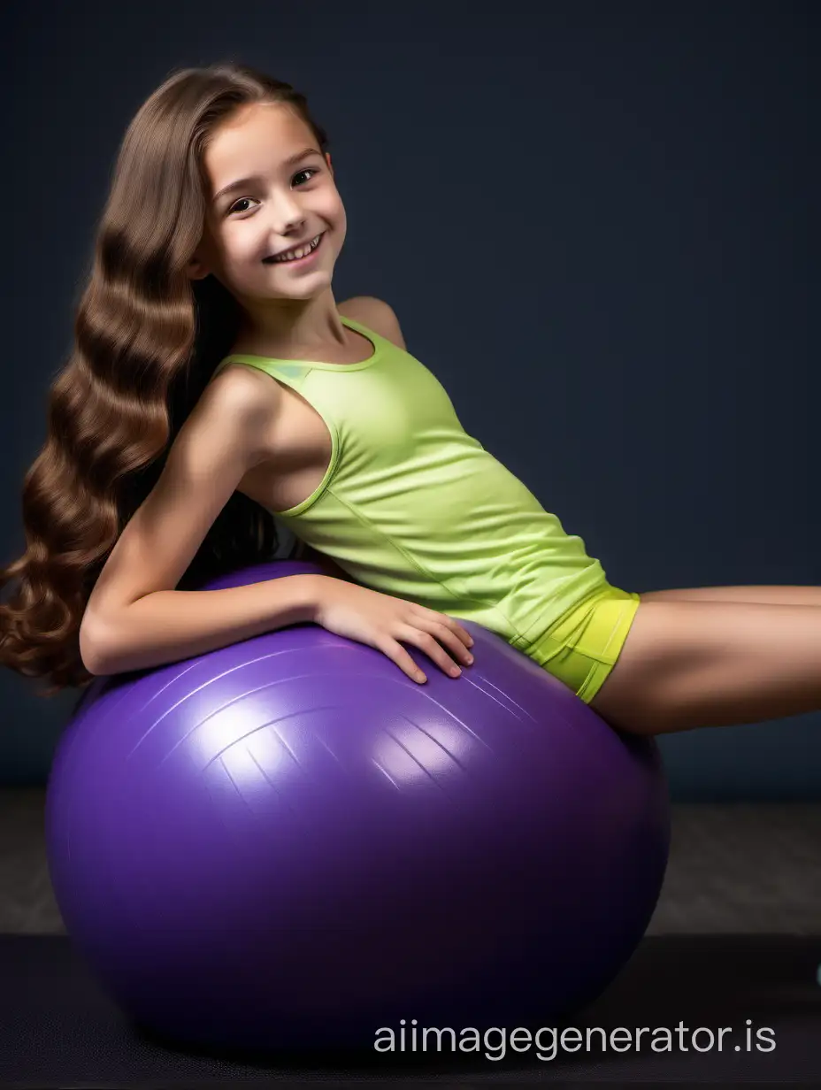 she lies on a fitness ball with her back to the camera. This 10-year-old girl has a slender body with graceful proportions. She has a round head with soft facial features. Her round eyes, hazel in color, radiate joy and curiosity. Her small nose is slightly upturned, giving her a friendly look. She has full, gentle lips that are often adorned with a cheerful smile. This girl's hair is long and thick, dark chestnut in color. It cascades down her back in soft waves, creating an elegant look. Her hair also has a natural shine and softness, 8K UHD, full body in image, she lies on a fitness ball with her back to the camera