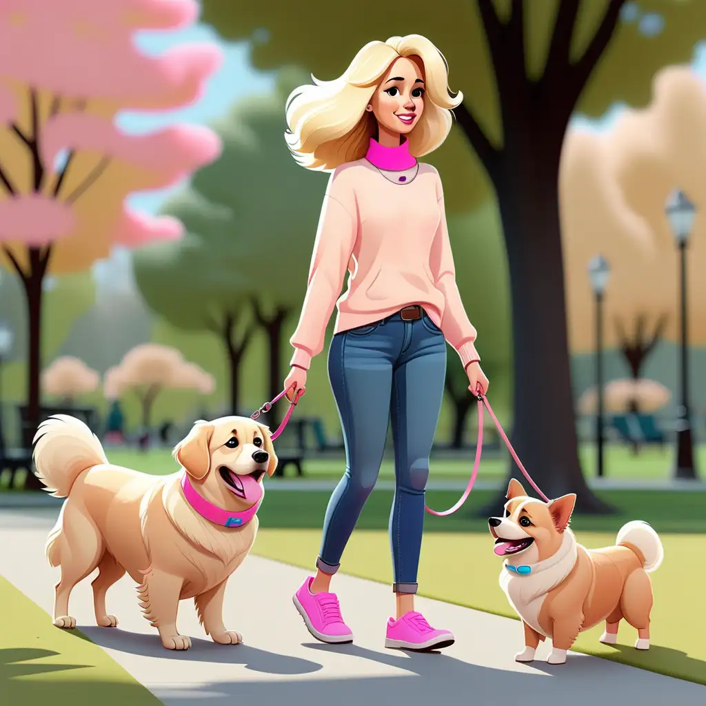an illustration of a a cartoon cream colored golden retriever wearing a pink collar walking in a park with her blonde female owner. The blonde female owner is wearing a tan sweater with a pink collar, blue jeans and pink shoes. In the background there is a pomeranian, a great dane and a corgi. 