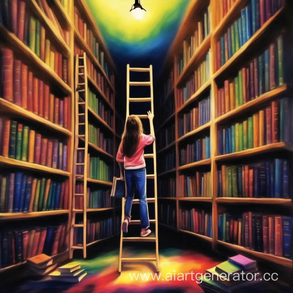 Library, lots of books, a girl 16 years old seeking one book, she is using ladder, she is standing sideways, lots of colours, realistic 
