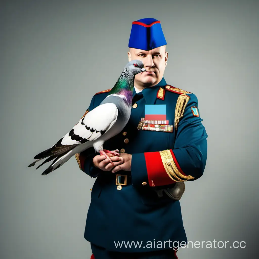 A military man not in full height holds a pigeon with feathers in the form of the Russian flag on his finger