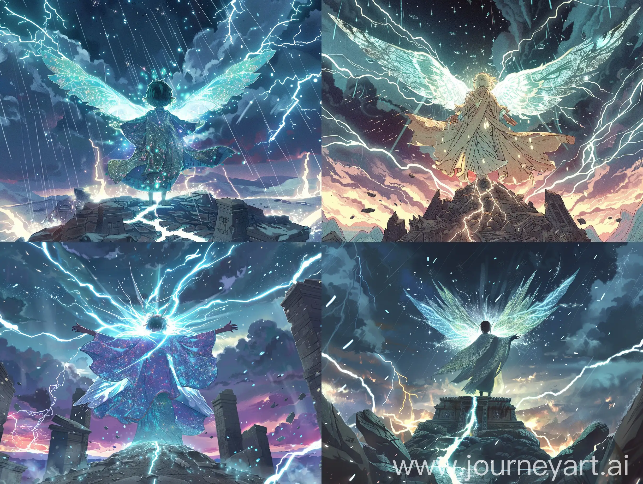 Imagine a scene set at the peak of an ancient, crumbling mountaintop temple under a tumultuous, star-filled sky. At the center of this scene, a divine child, cloaked in a radiant, shimmering robe, stands with arms outstretched, undergoing a dramatic transformation. Energy swirls around them, manifesting as brilliant, ethereal wings that unfurl majestically from their back. Their eyes glow with an otherworldly light, casting illuminating beams that cut through the surrounding darkness. The ground beneath them cracks, revealing veins of glowing, mystical energy that echo the turmoil in the sky above. Lightning forks over the horizon, illuminating the scene in flashes, as if the very elements are bearing witness to the child's ascension. The intensity of the moment is captured in every detail, from the fluttering of the robe in the supernatural wind to the determined expression of power and serenity on the child's face. This scene is designed in a 2D anime style, emphasizing dramatic lighting, exaggerated expressions, and dynamic poses typical of a monumental journey's climax.